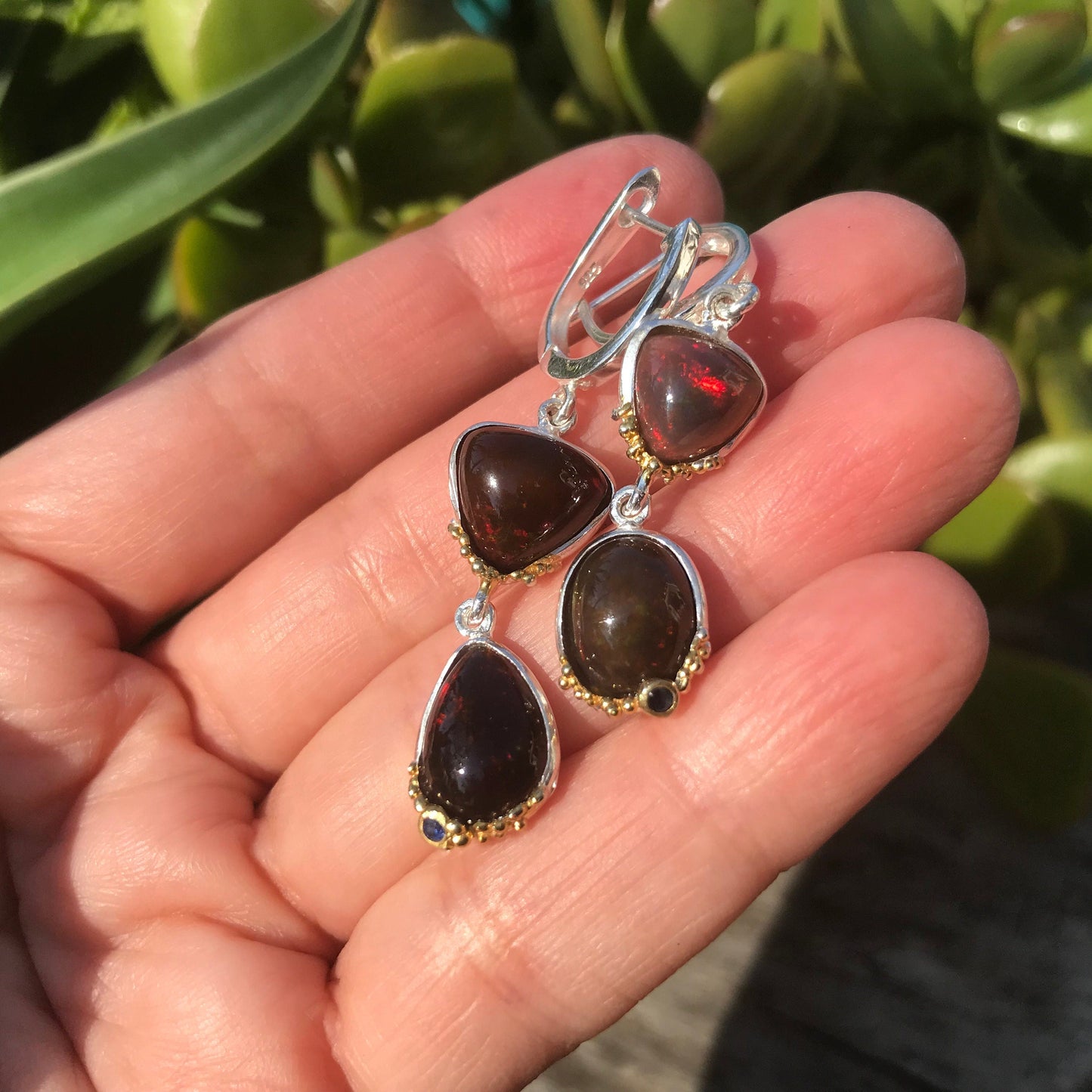 Sterling Silver red Natural Fire opal sapphire earrings Colors Of Etnika