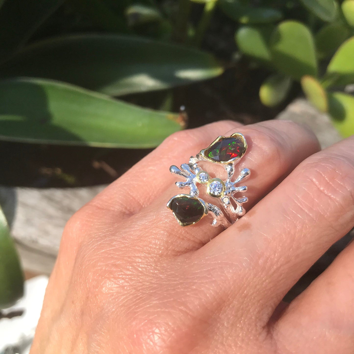 Sterling Silver black Natural Opal coral reef ring 6 Colors Of Etnika