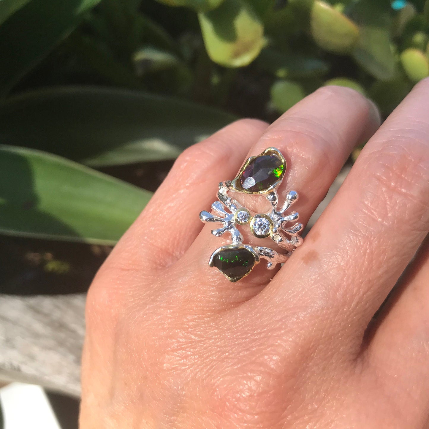 Sterling Silver black Natural Opal coral reef ring 6 Colors Of Etnika