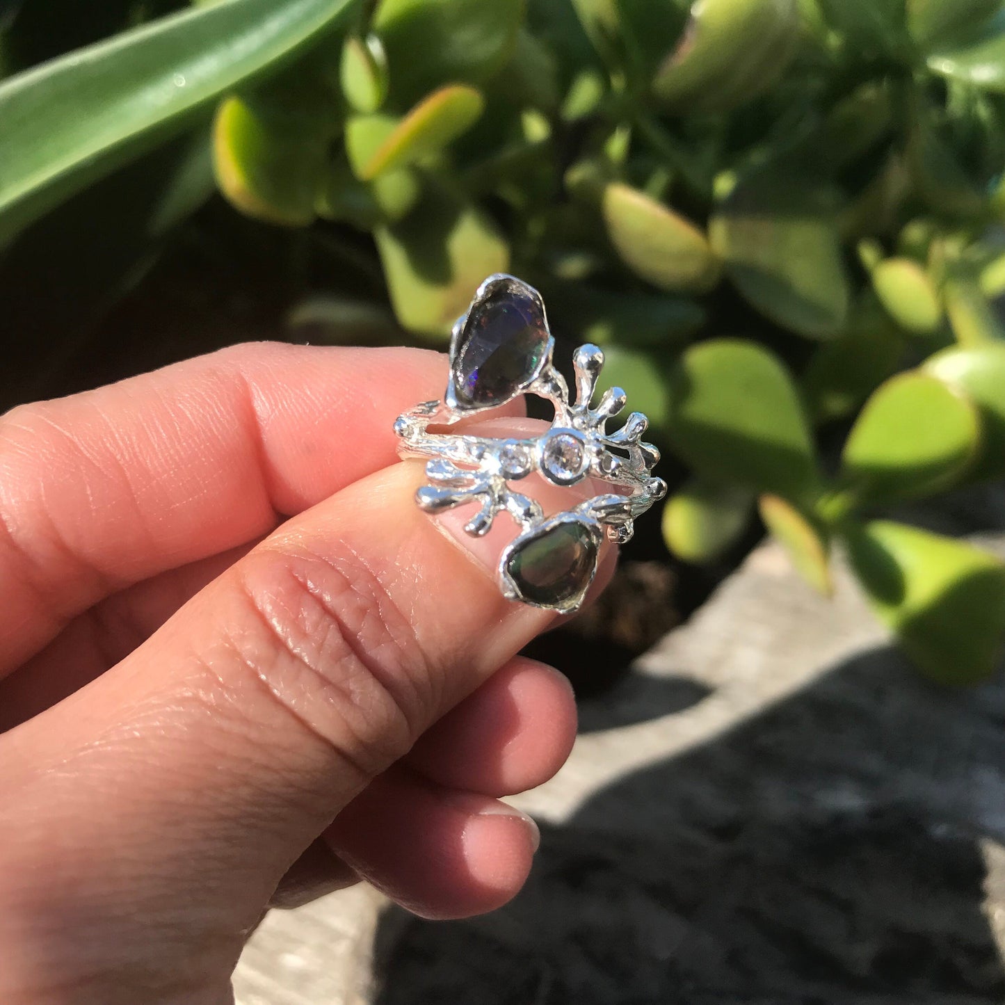 Sterling Silver black Natural Opal coral reef ring 7.5 Colors Of Etnika