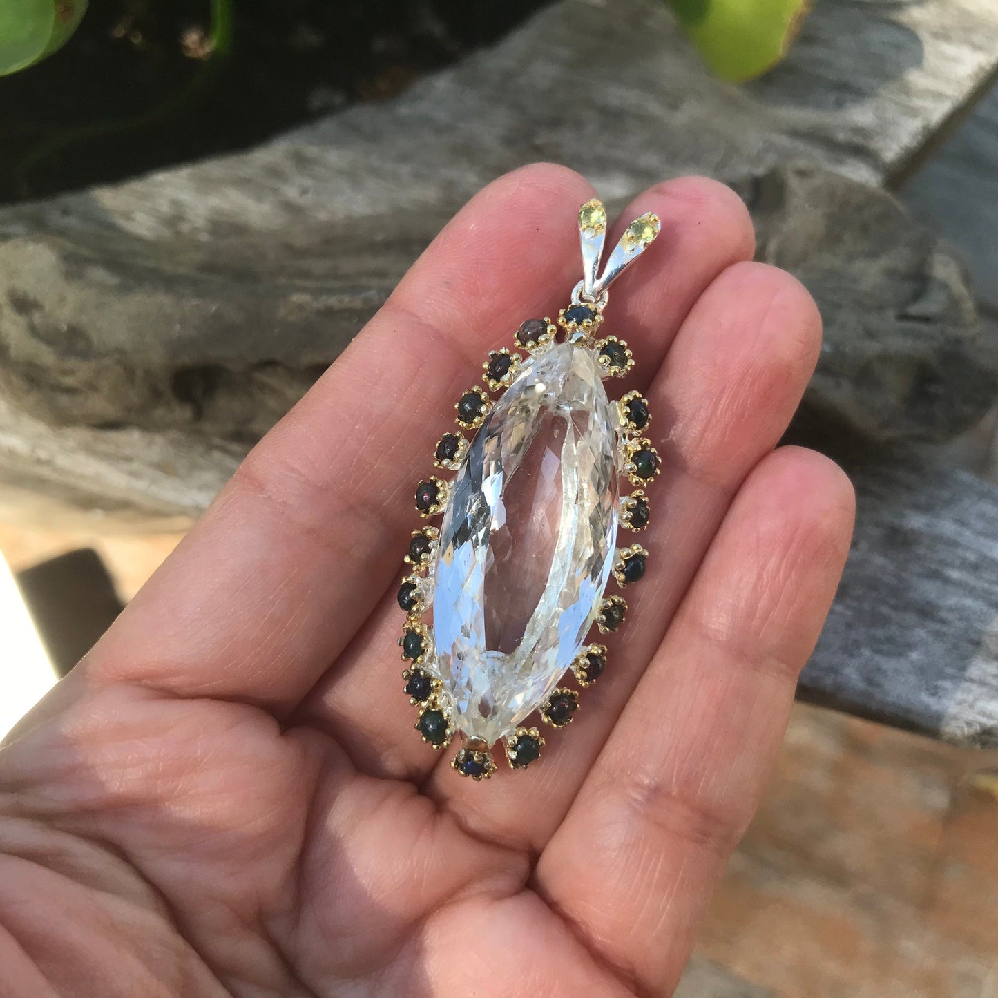 Sterling Silver marquis cut Natural quartz black fire opal Pendant Colors Of Etnika