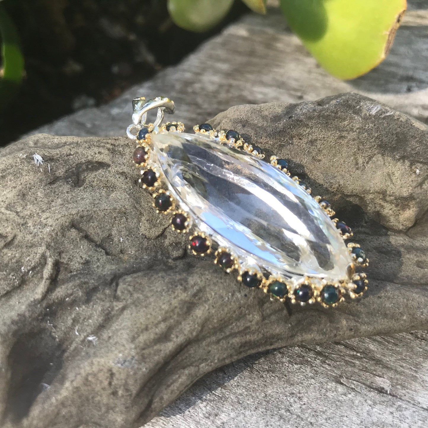 Sterling Silver marquis cut Natural quartz black fire opal Pendant Colors Of Etnika