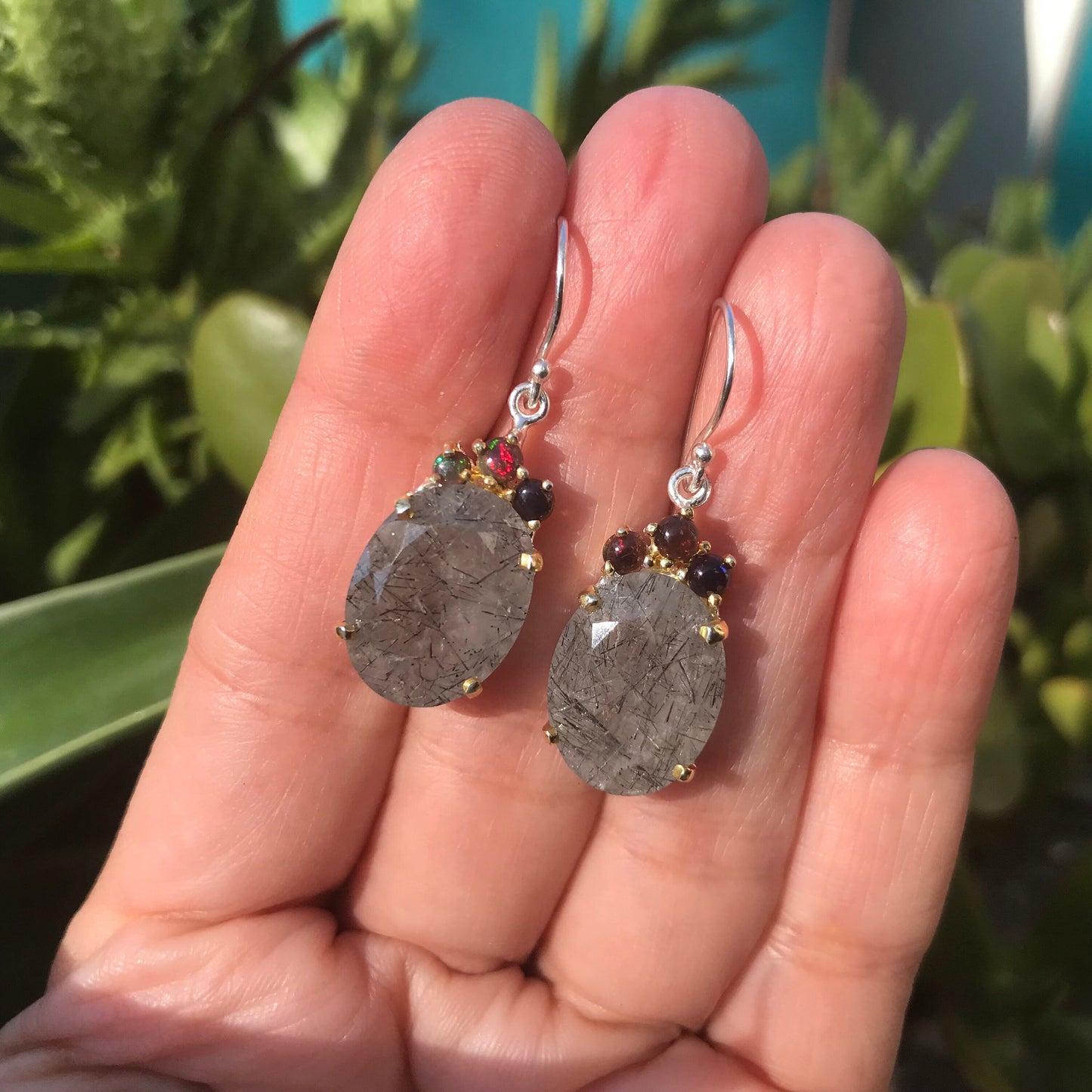 sterling silver statement rutilated quartz black opal earrings Colors Of Etnika