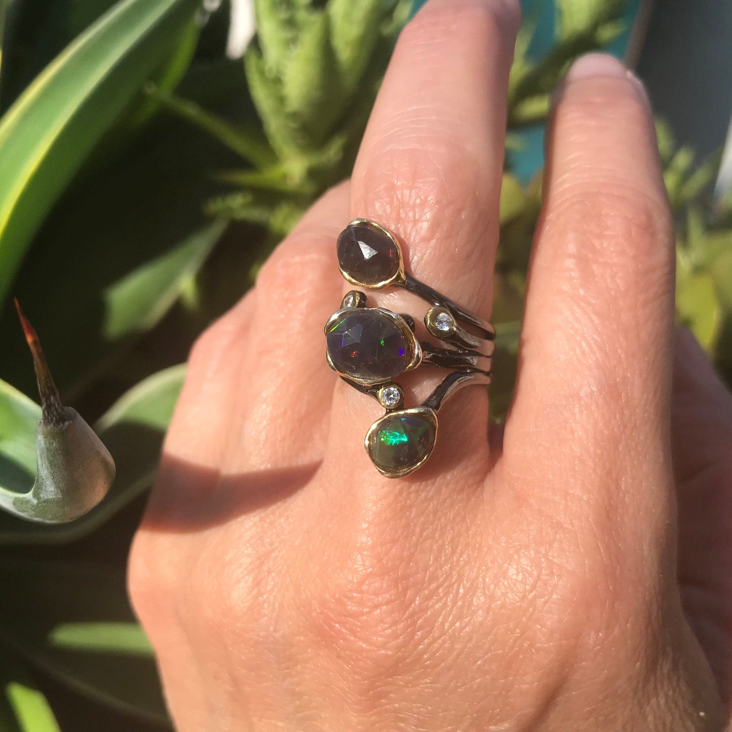 sterling silver natural fire opal modernist band ring 6 Colors Of Etnika