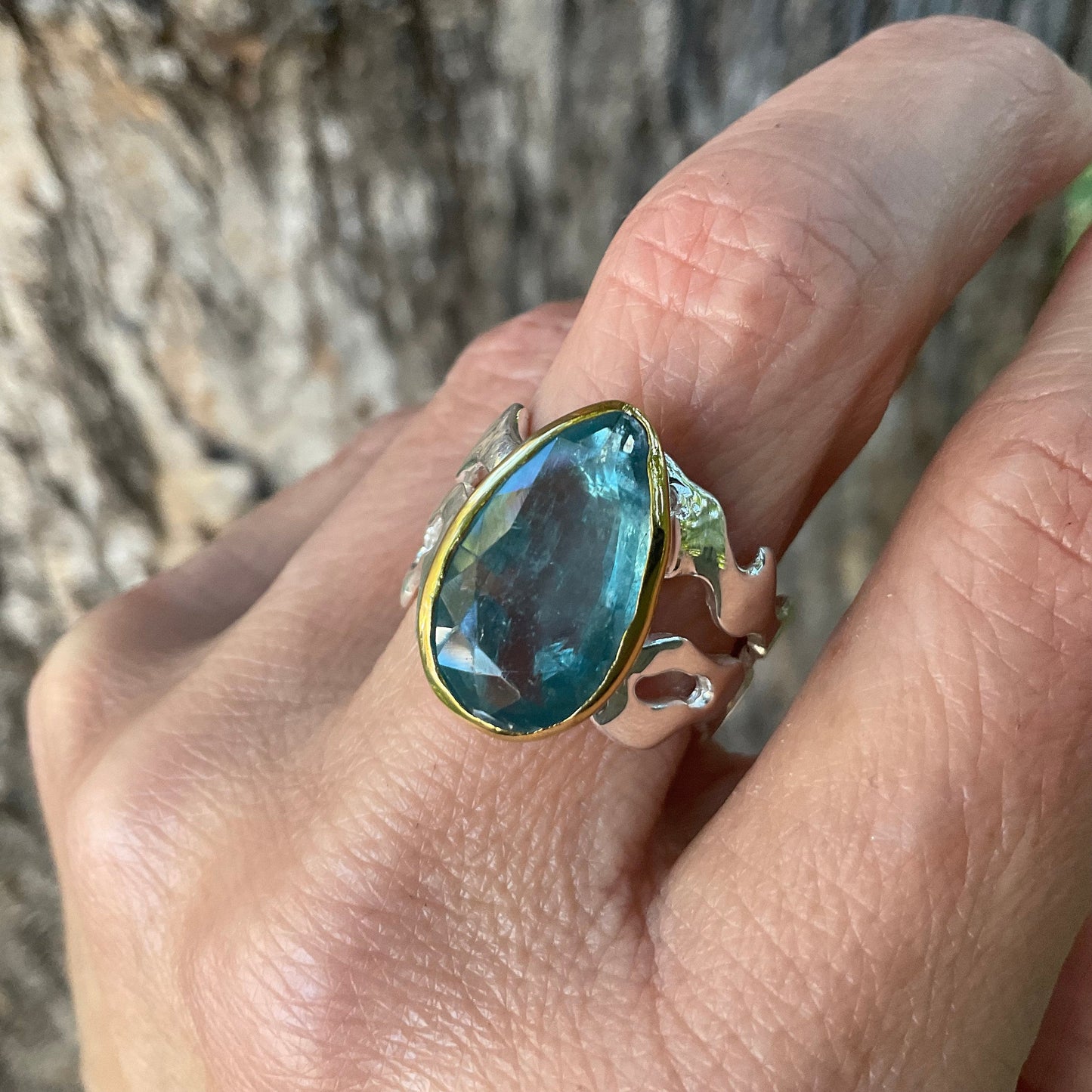 Sterling Silver blue kyanite ocean waves band ring 8 Colors Of Etnika