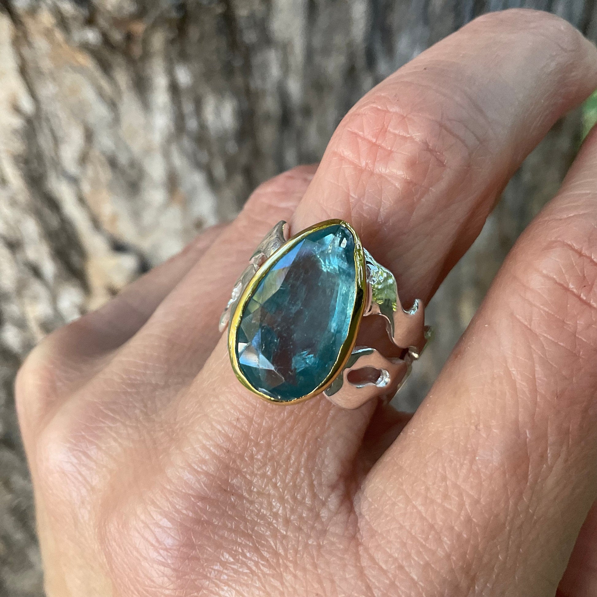 Sterling Silver blue kyanite ocean waves band ring 8 Colors Of Etnika