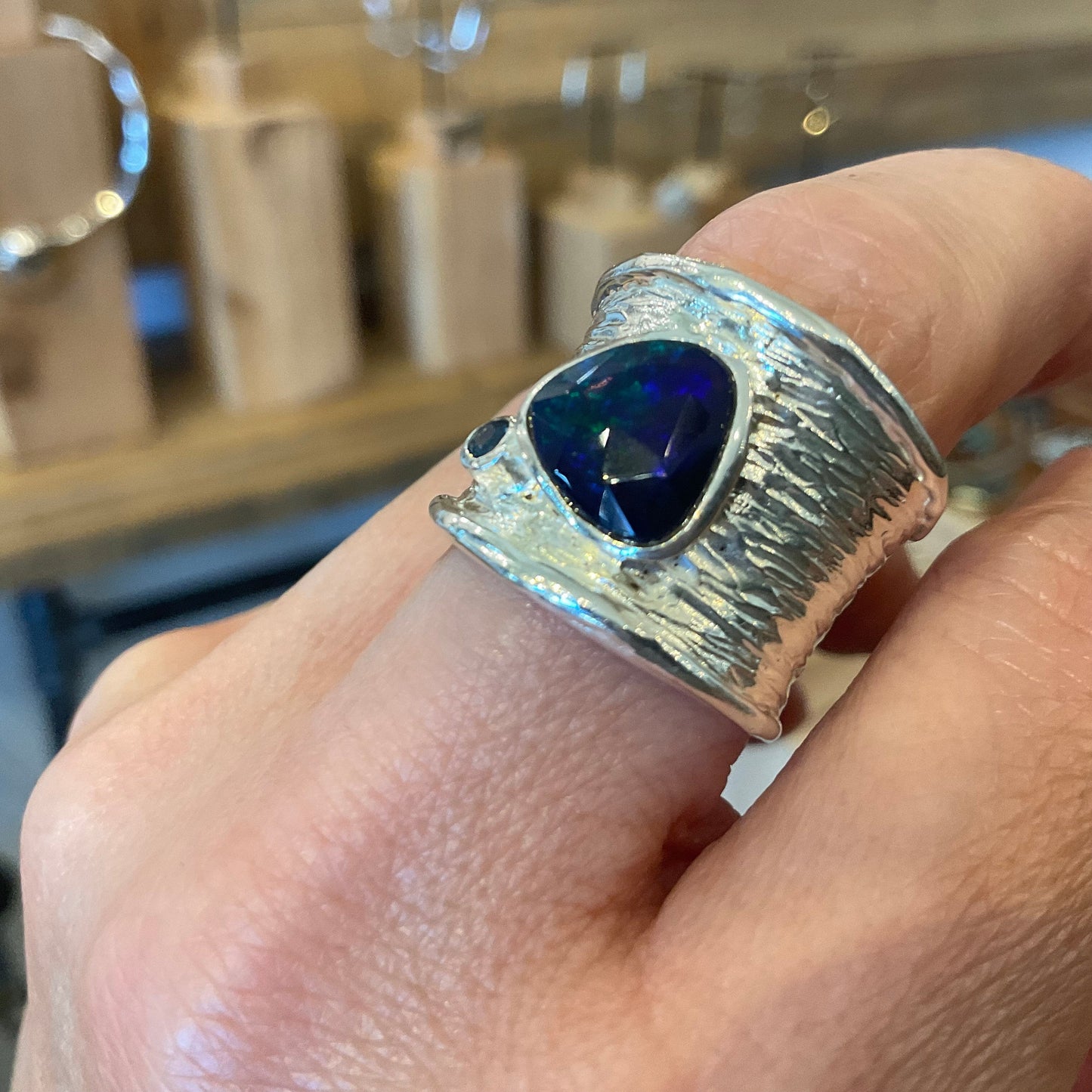sterling silver blue fire opal band modernist Etnika ring 6 7 Colors Of Etnika