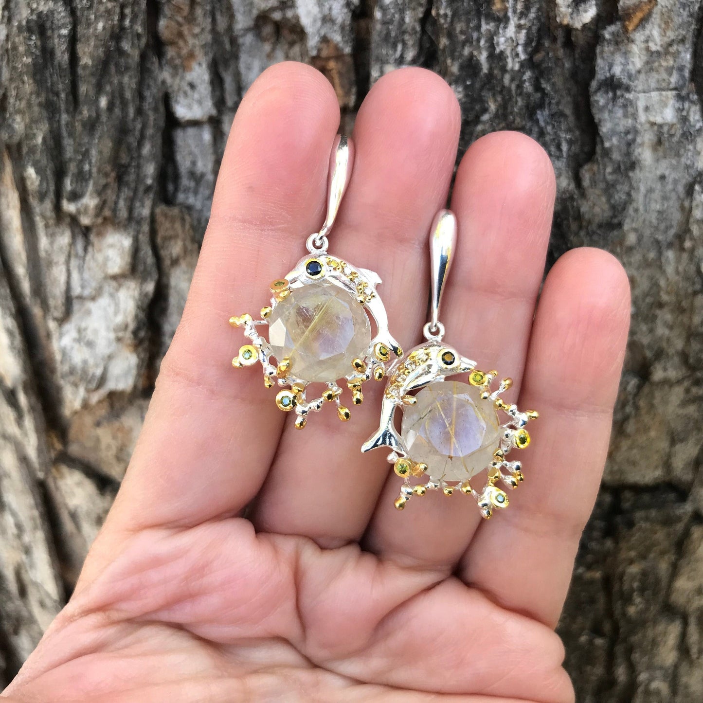 sterling silver statement rutilated quartz dolphin earrings Colors Of Etnika