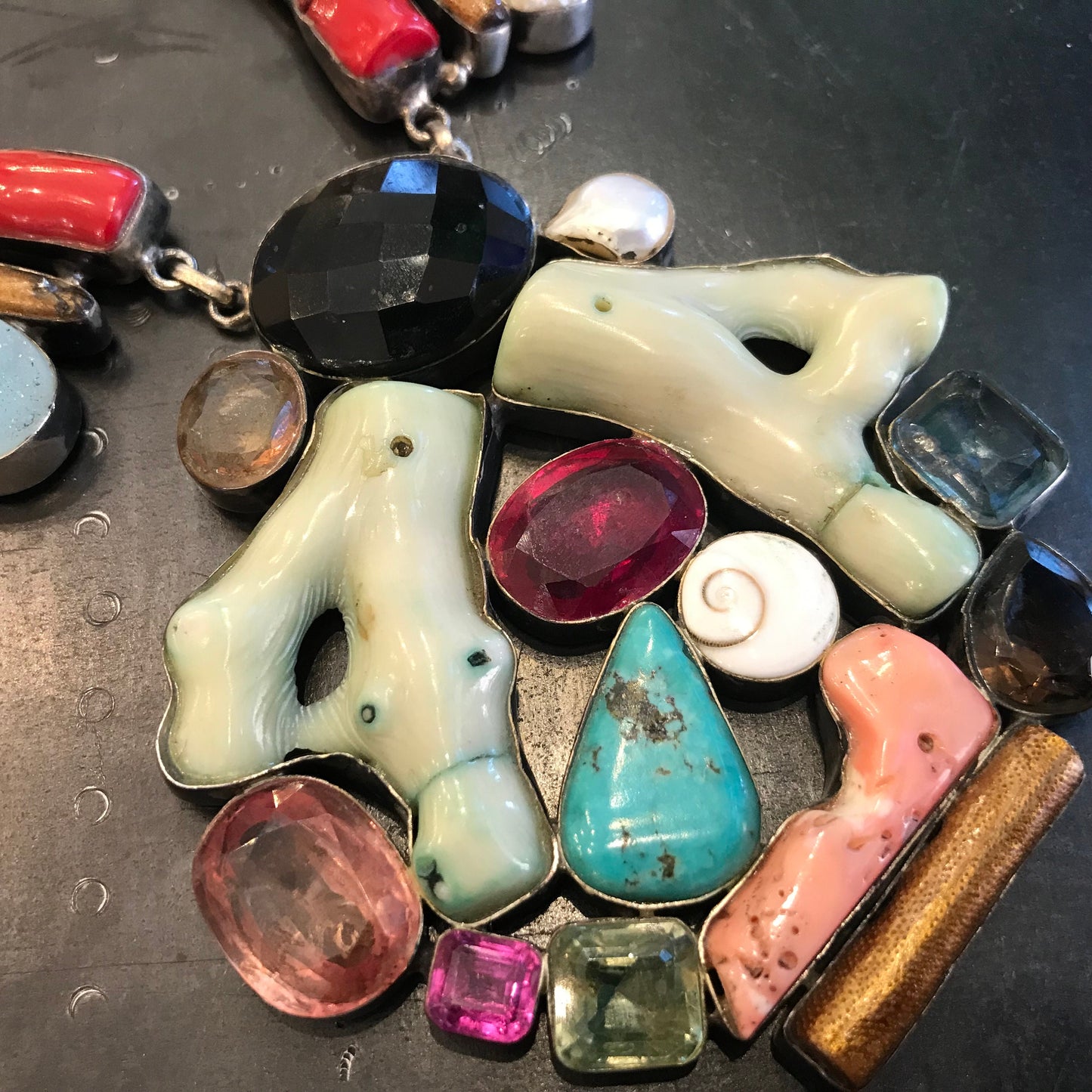 Sterling Silver Turquoise red coral pearl statement multi gemstone  Necklace