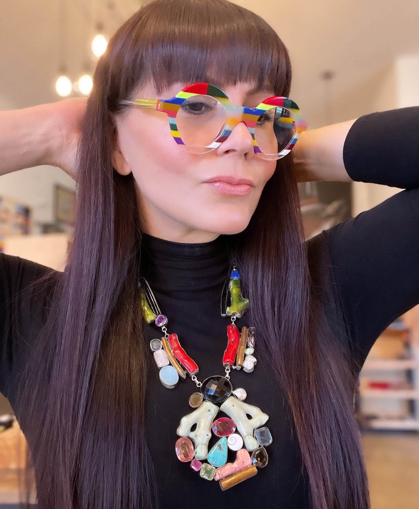 Sterling Silver Turquoise red coral pearl statement multi gemstone  Necklace