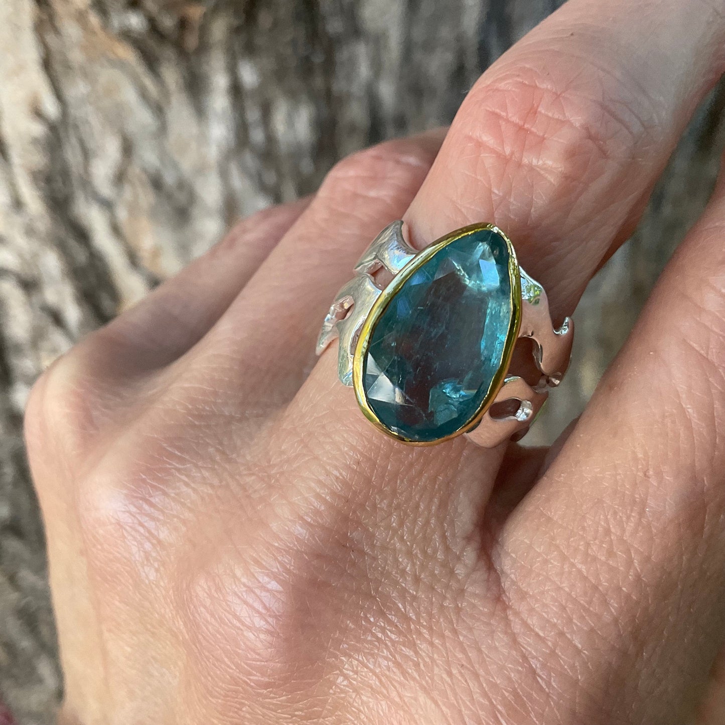 Sterling Silver blue kyanite ocean waves band ring 8 Colors Of Etnika