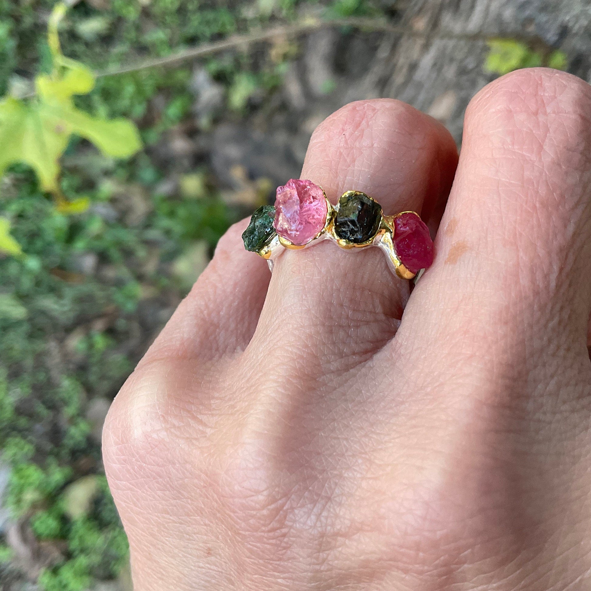 sterling silver rough natural ruby tourmaline band ring 6 Colors Of Etnika