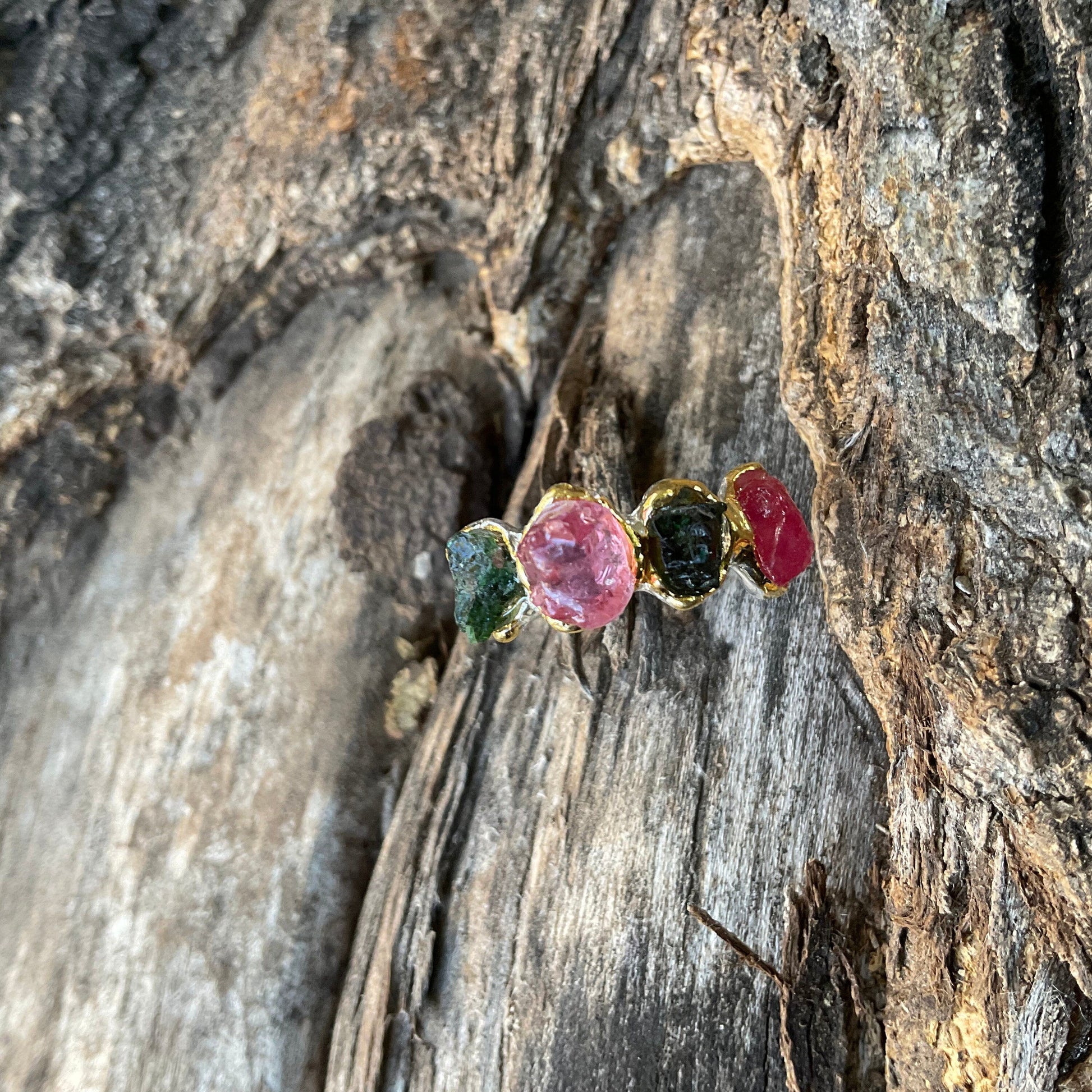 sterling silver rough natural ruby tourmaline band ring 6 Colors Of Etnika