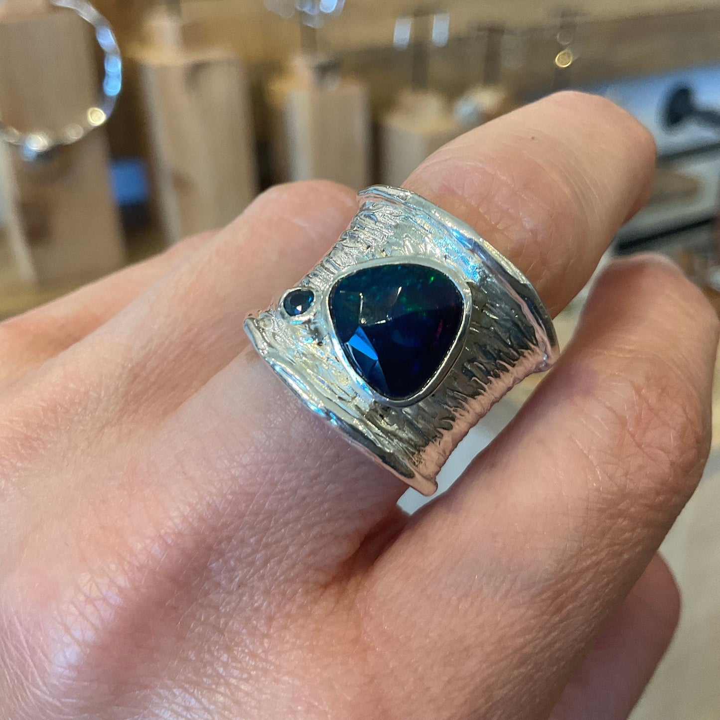 sterling silver blue fire opal band modernist Etnika ring 6 7 Colors Of Etnika