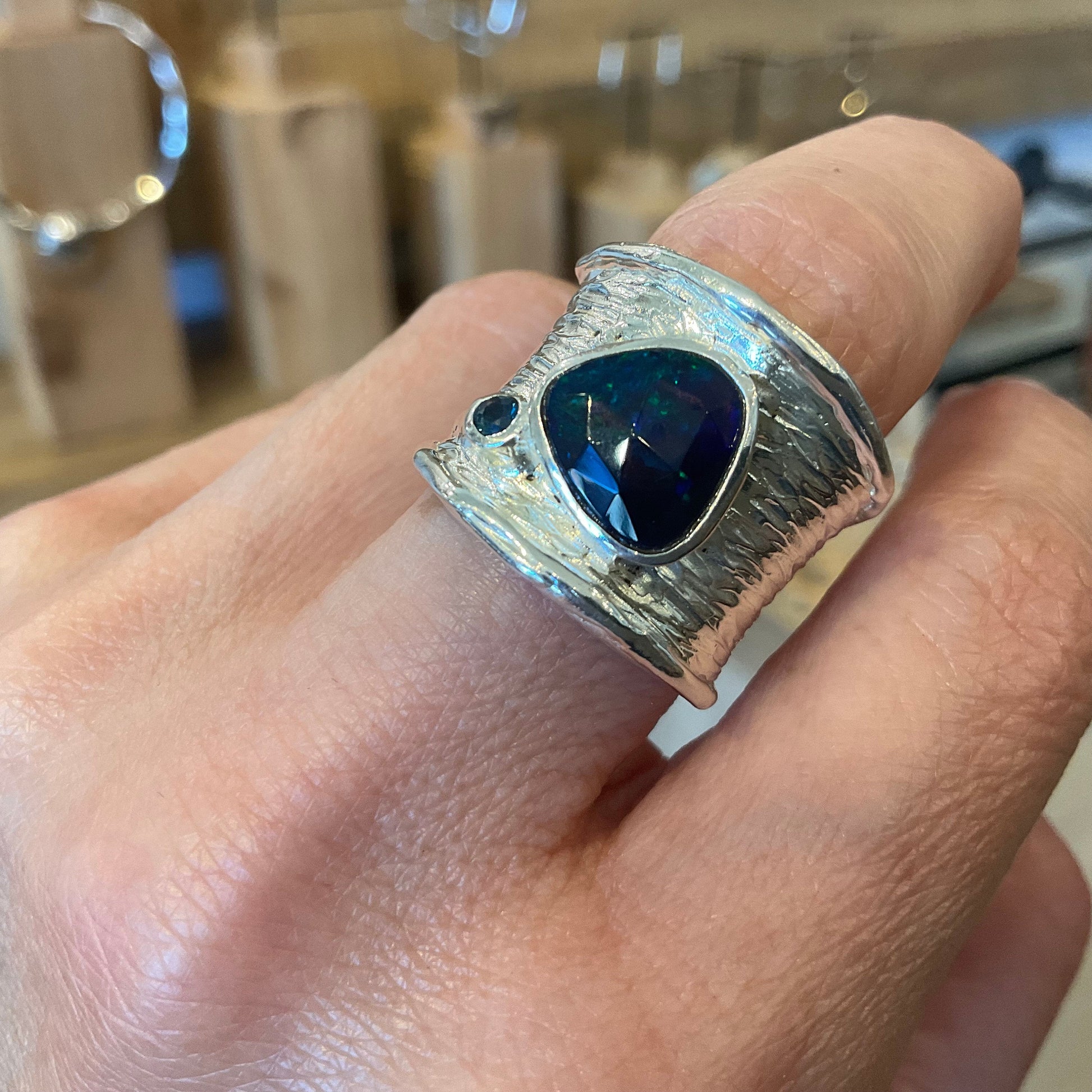 sterling silver blue fire opal band modernist Etnika ring 6 7 Colors Of Etnika