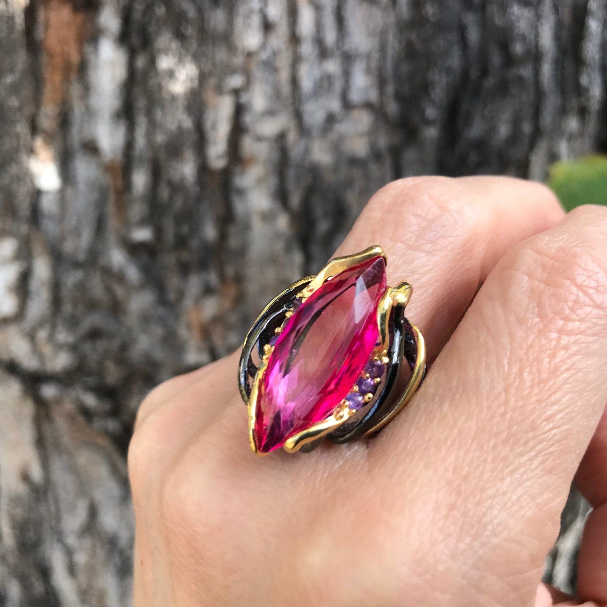 Sterling silver marquis pink topaz band ring 8.5 Colors Of Etnika