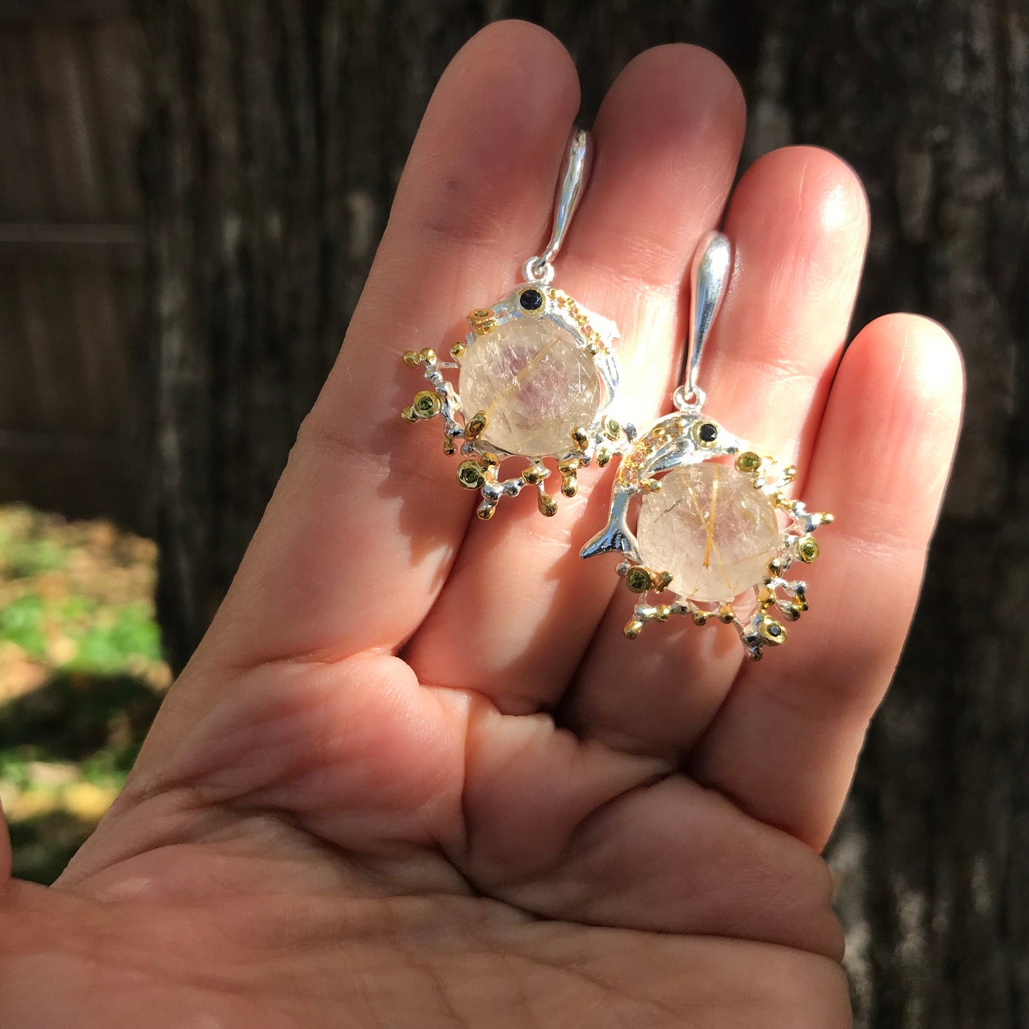 sterling silver statement rutilated quartz dolphin earrings Colors Of Etnika