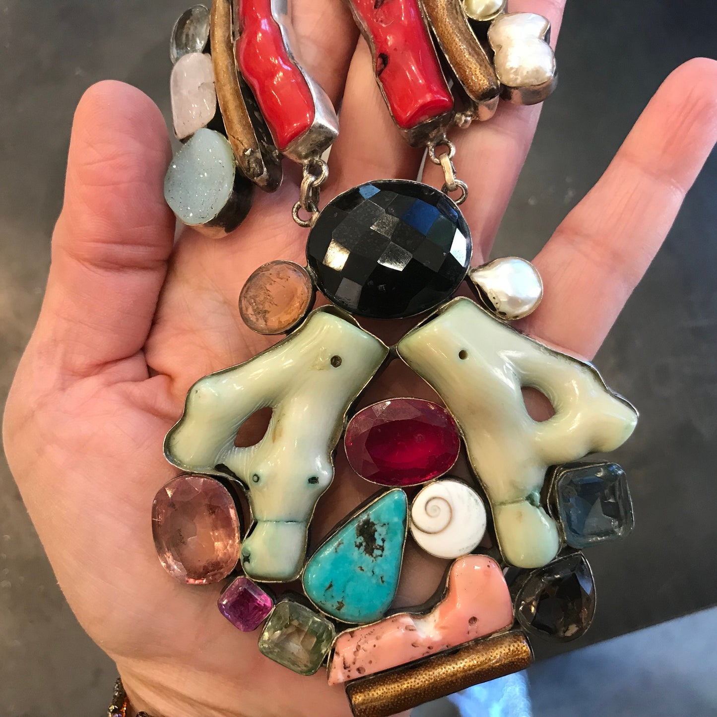 Sterling Silver Turquoise red coral pearl statement multi gemstone  Necklace