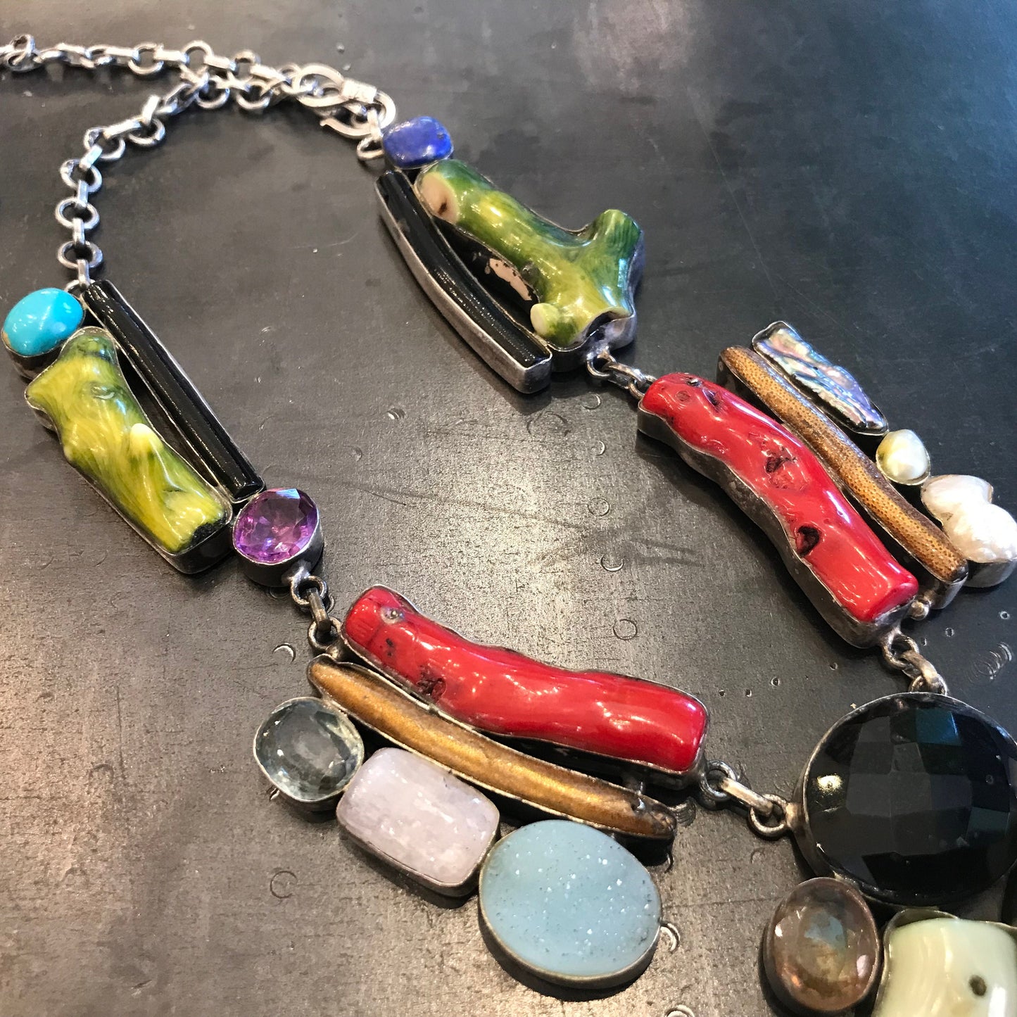 Sterling Silver Turquoise red coral pearl statement multi gemstone  Necklace