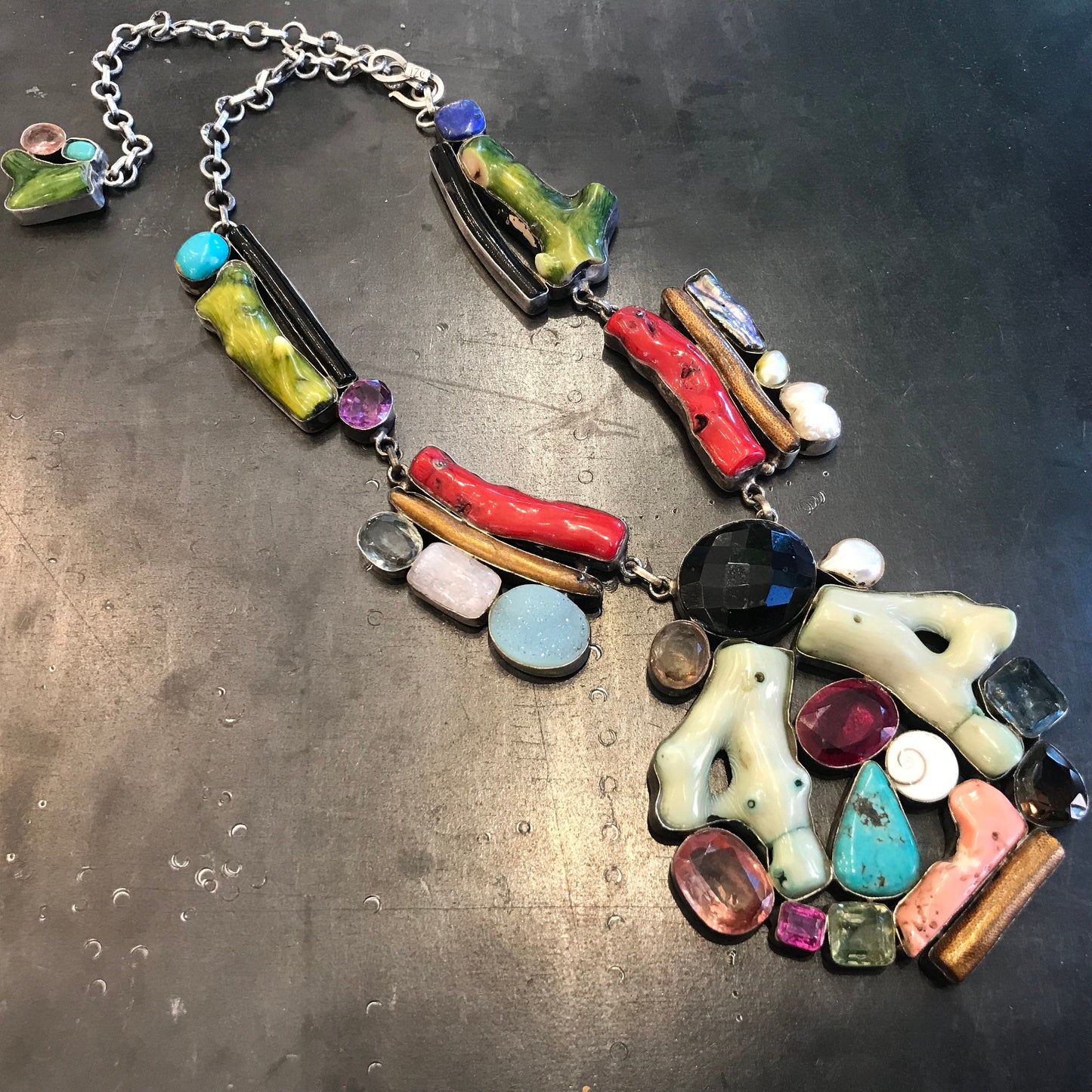 Sterling Silver Turquoise red coral pearl statement multi gemstone  Necklace