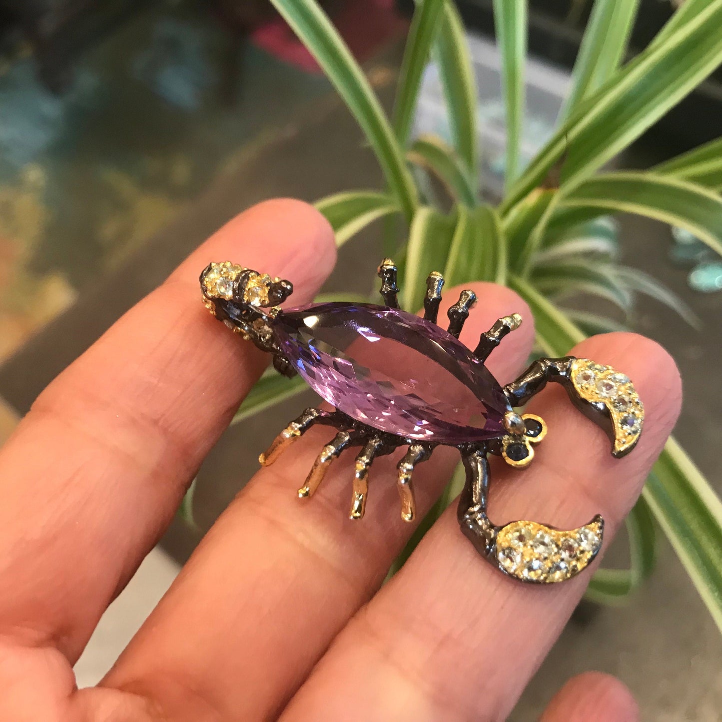 Sterling silver amethyst marquis cut scorpion brooch pin art Colors Of Etnika