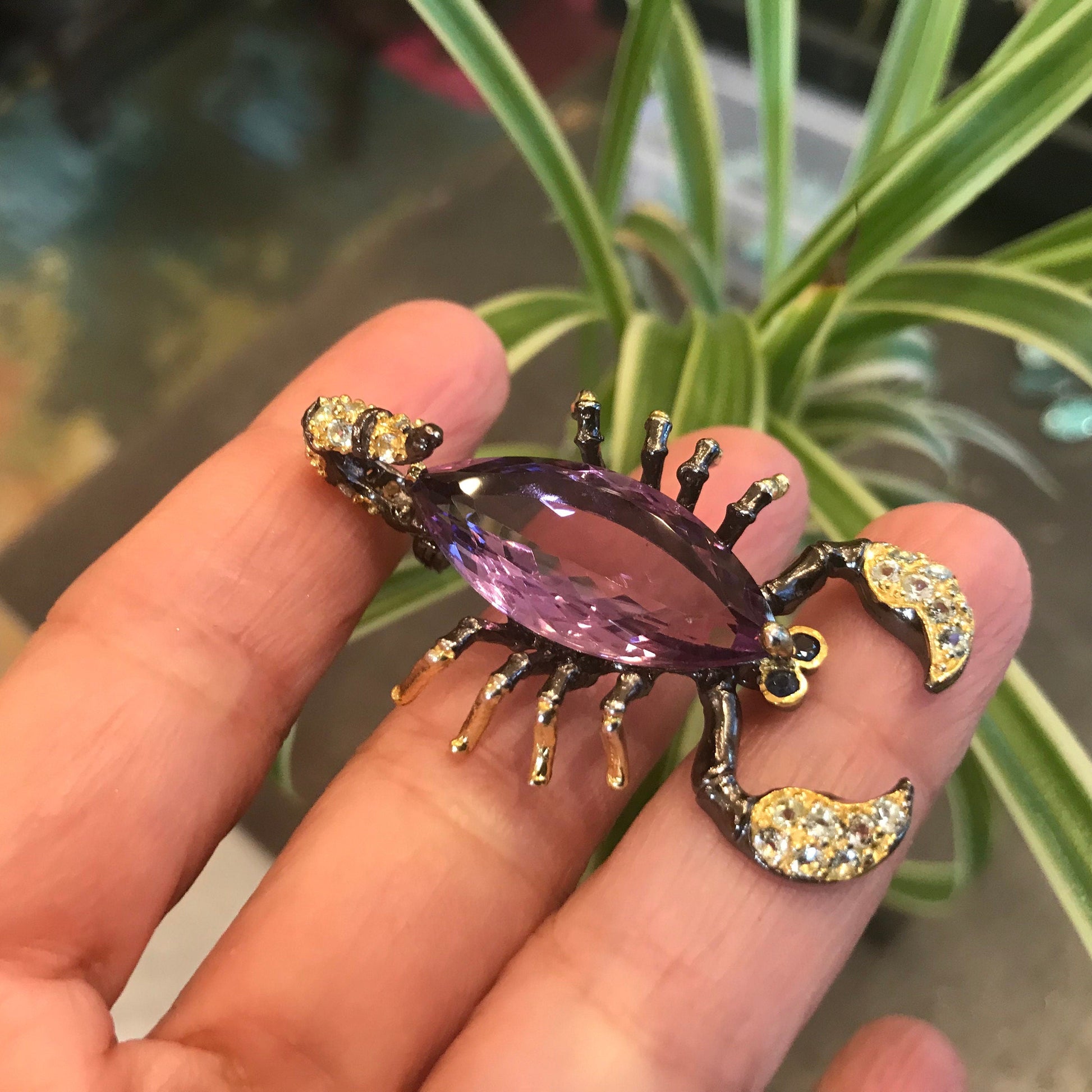 Sterling silver amethyst marquis cut scorpion brooch pin art Colors Of Etnika