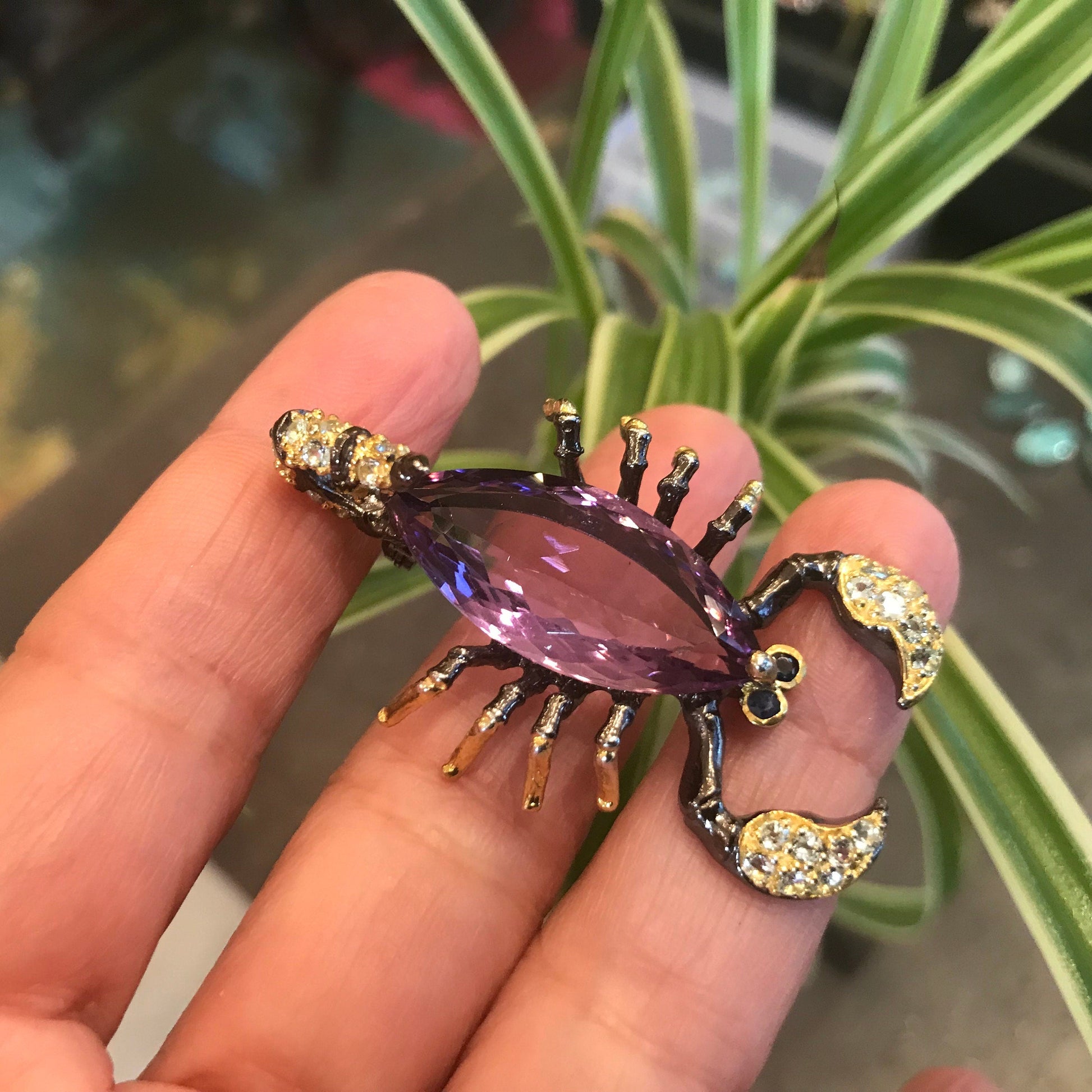 Sterling silver amethyst marquis cut scorpion brooch pin art Colors Of Etnika
