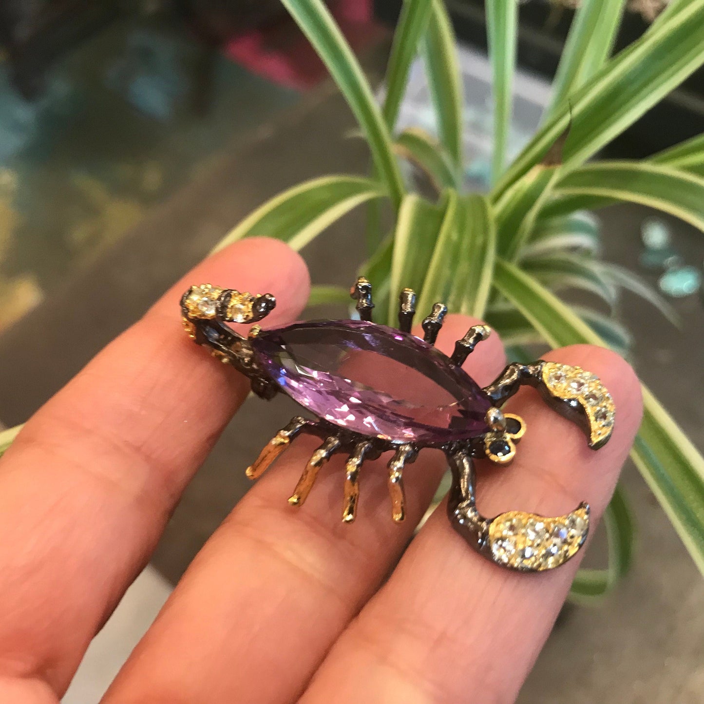 Sterling silver amethyst marquis cut scorpion brooch pin art Colors Of Etnika