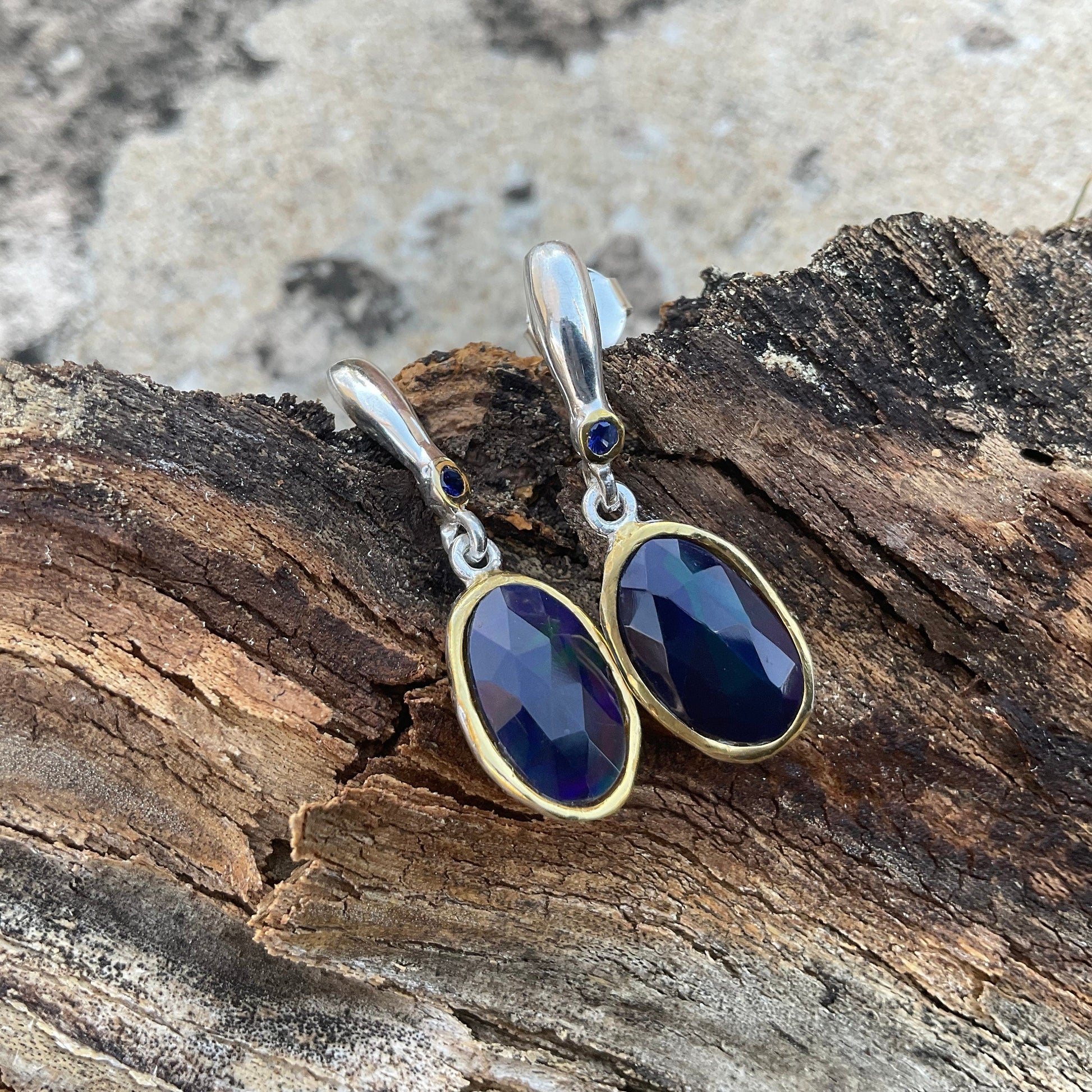 Sterling Silver natural blue fire opal   earrings Colors Of Etnika