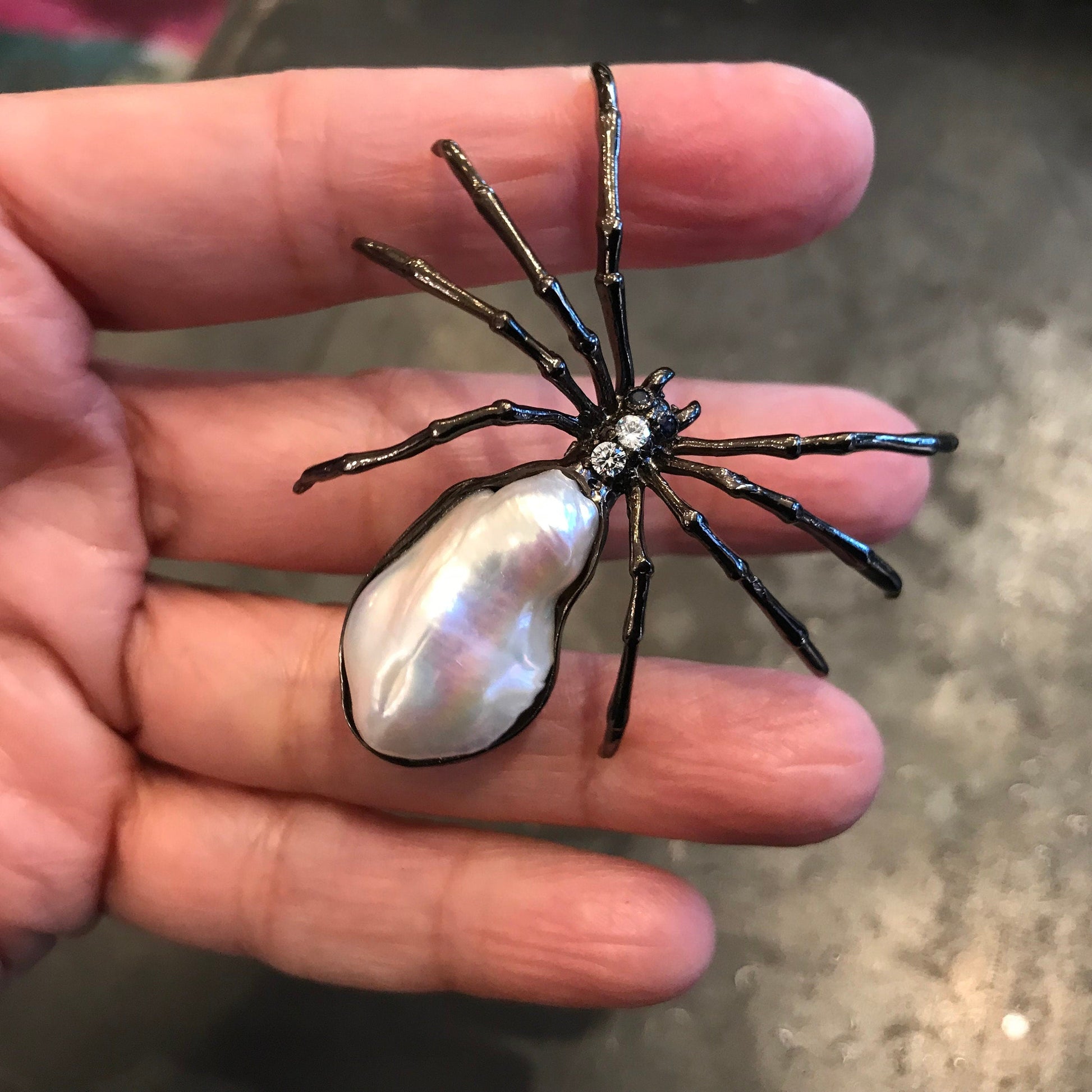 Sterling silver natural pearl  brooch pin spider Colors Of Etnika