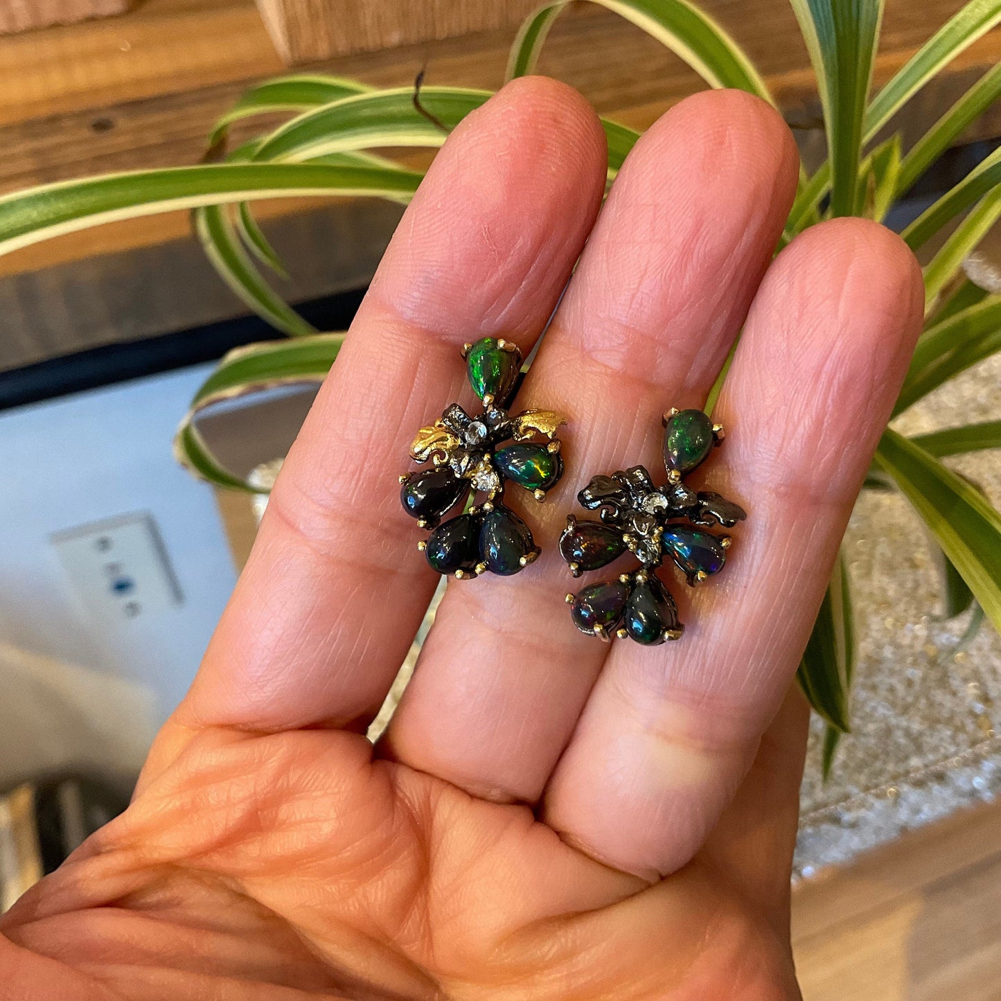 Sterling Silver Natural black fire Opal heirloom post Earrings Colors Of Etnika