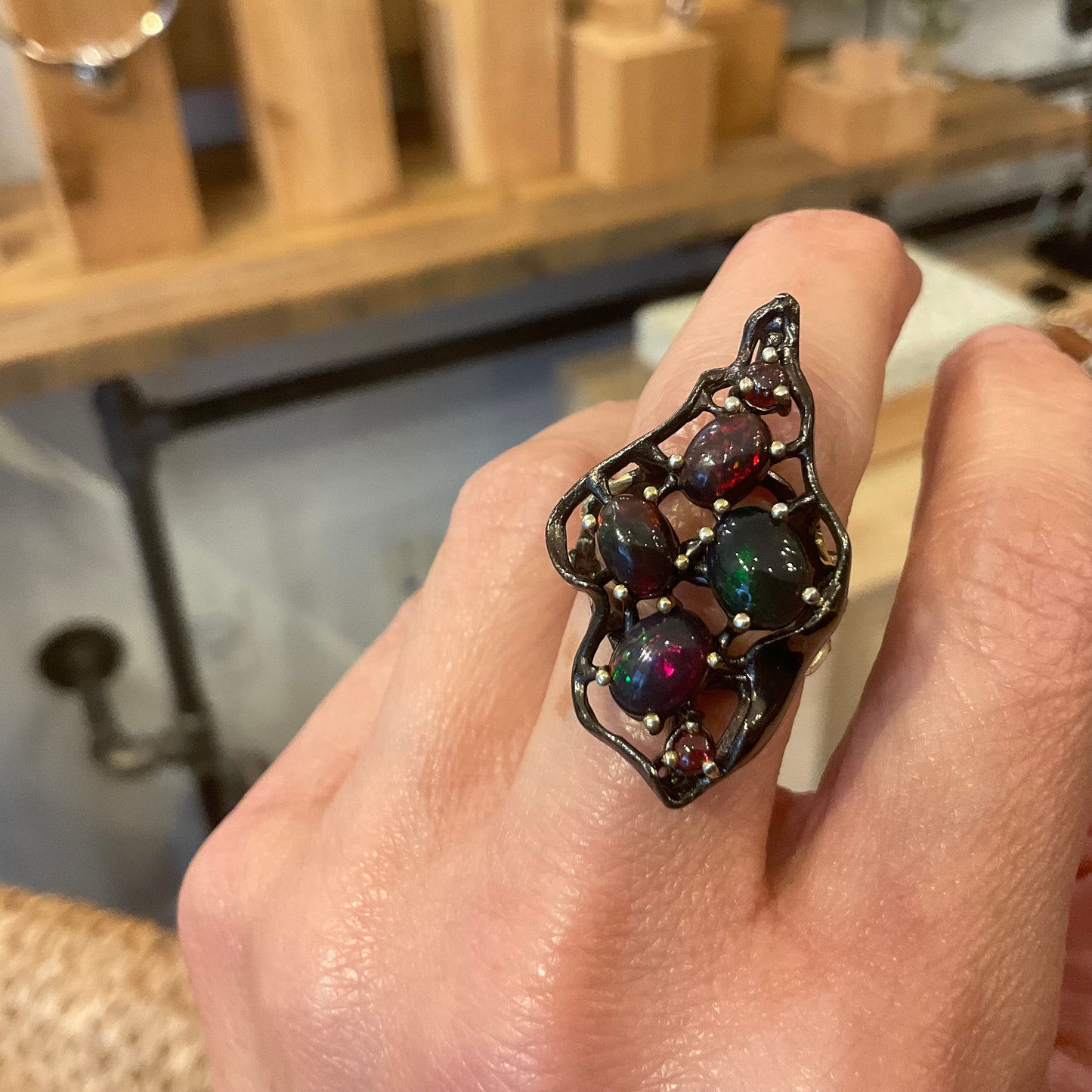 sterling silver Natural black red mesmerizing  Fire Opal ring 7