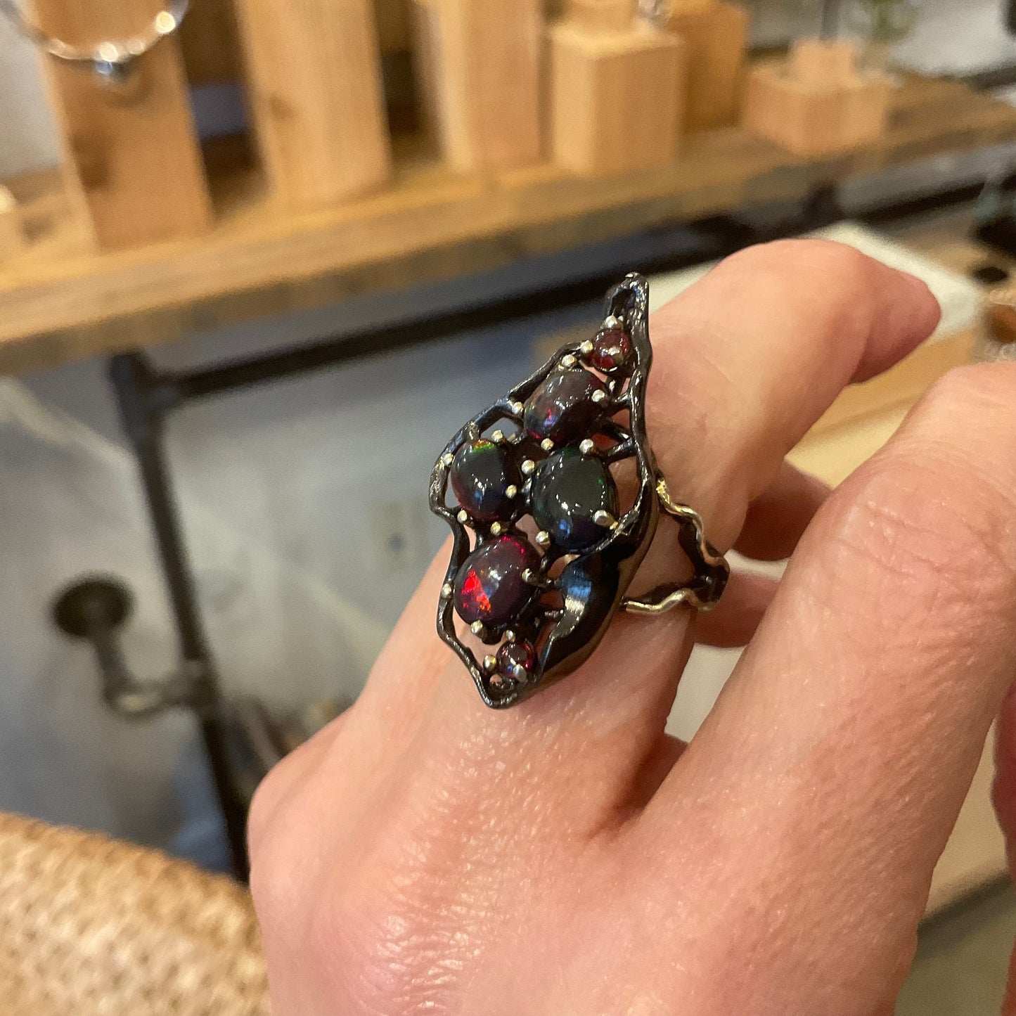 sterling silver Natural black red mesmerizing  Fire Opal ring 7