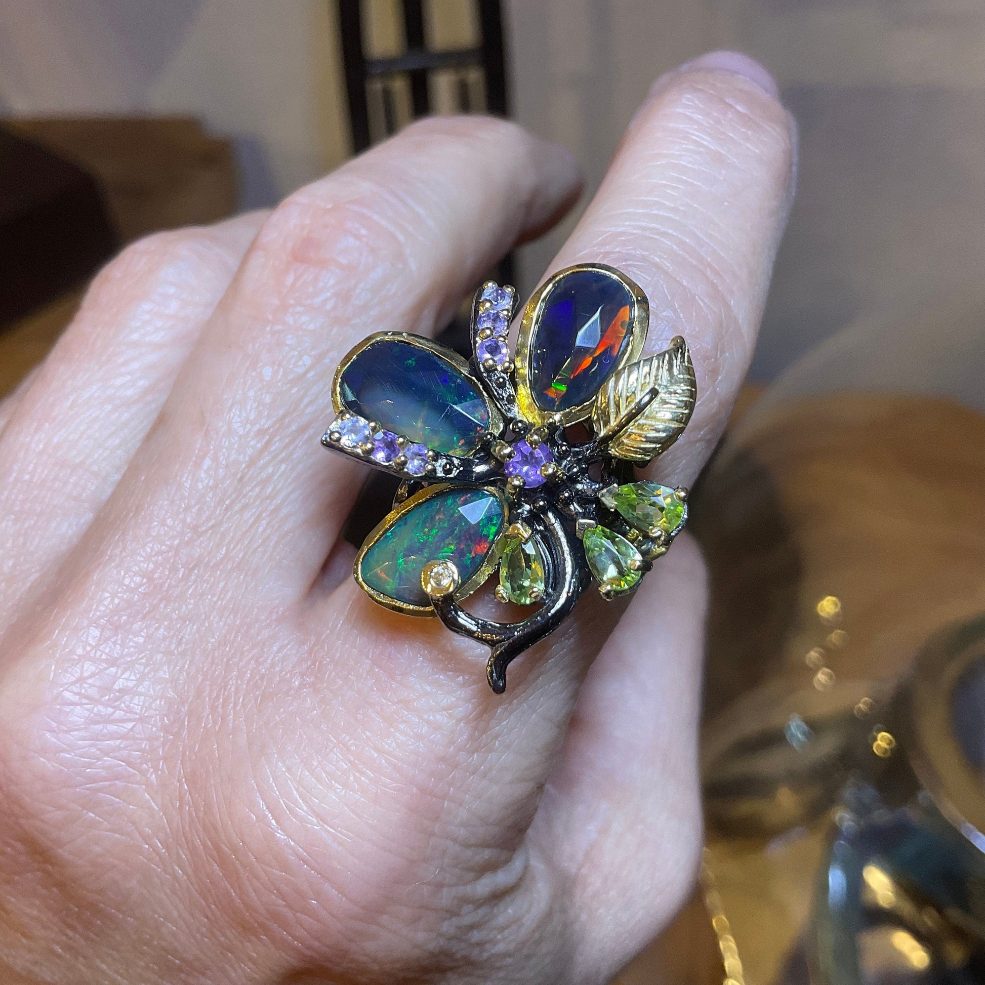 Sterling Silver Black blue fire opal heirloom ring 8 Colors Of Etnika