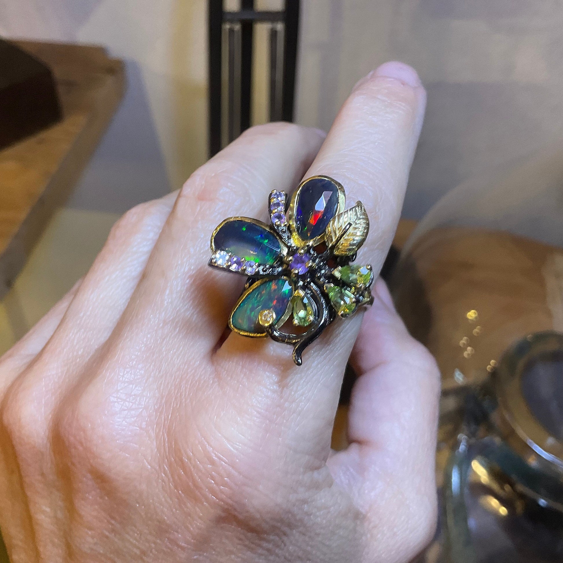 Sterling Silver Black blue fire opal heirloom ring 8 Colors Of Etnika
