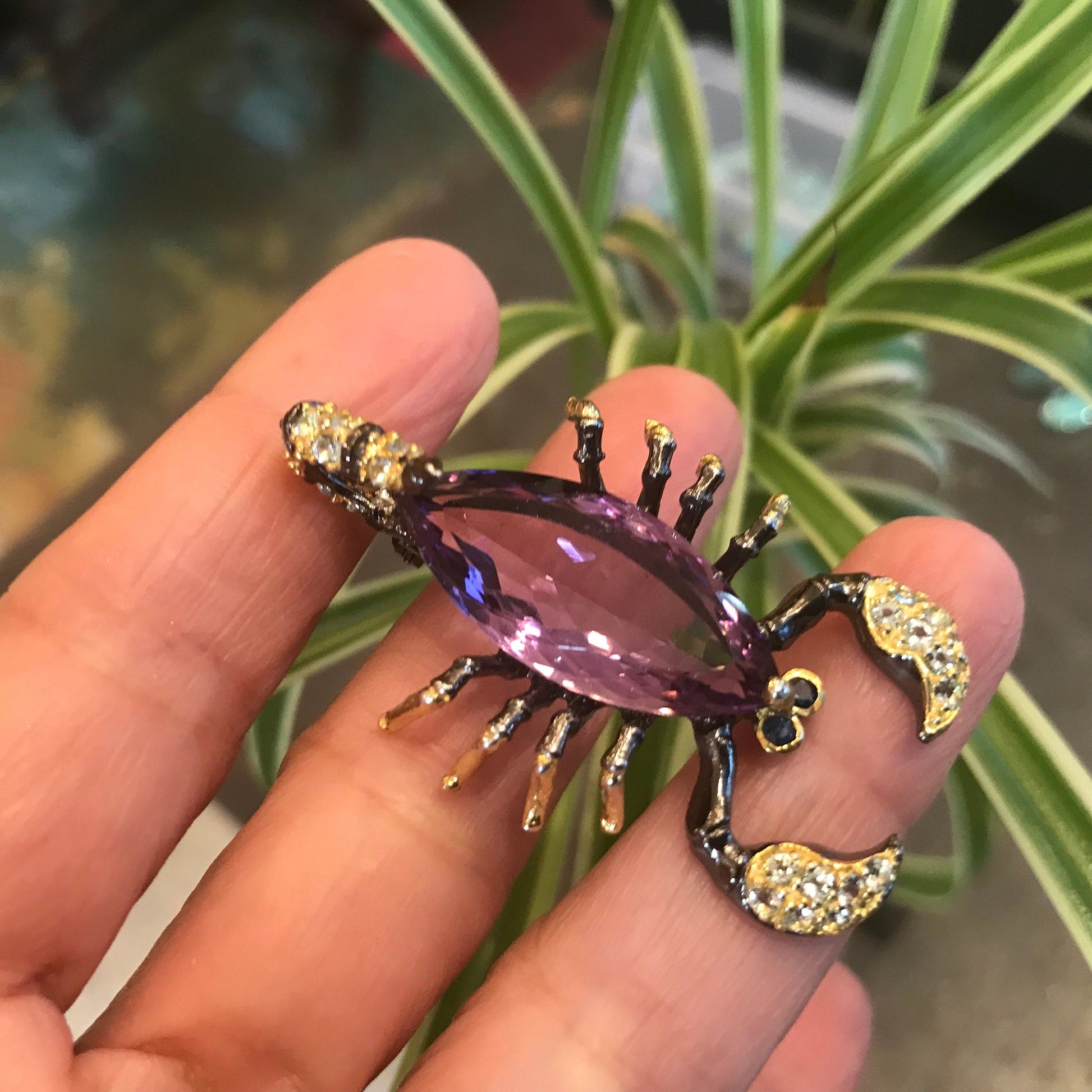 Sterling silver amethyst marquis cut scorpion brooch pin art Colors Of Etnika