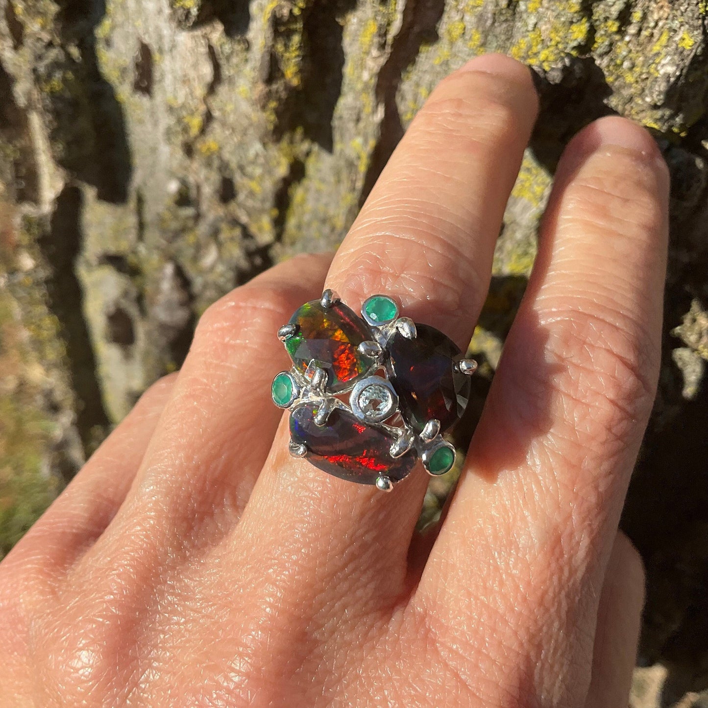 Sterling Silver Black red fire opal heirloom onyx ring 7.5 Colors Of Etnika