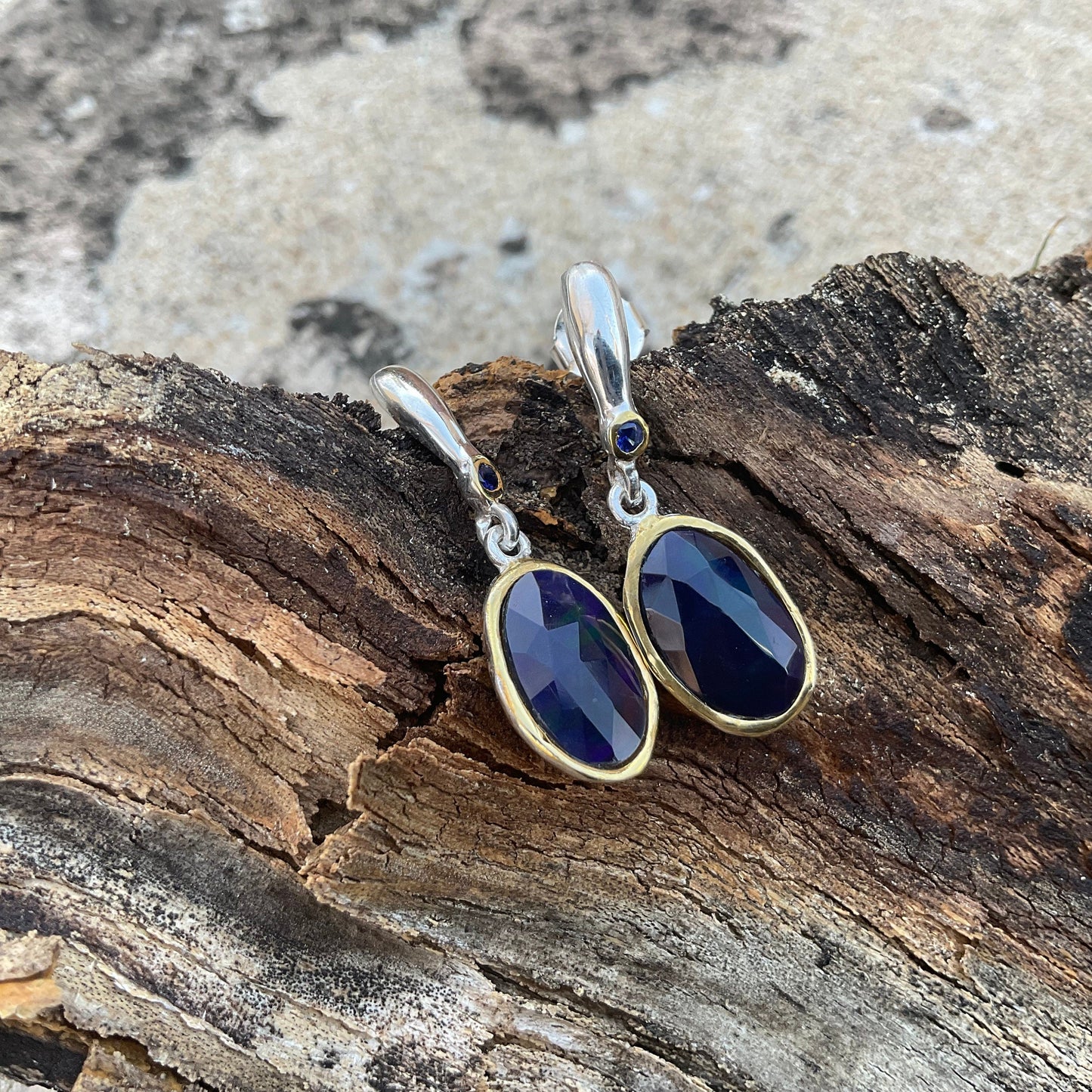Sterling Silver natural blue fire opal   earrings Colors Of Etnika