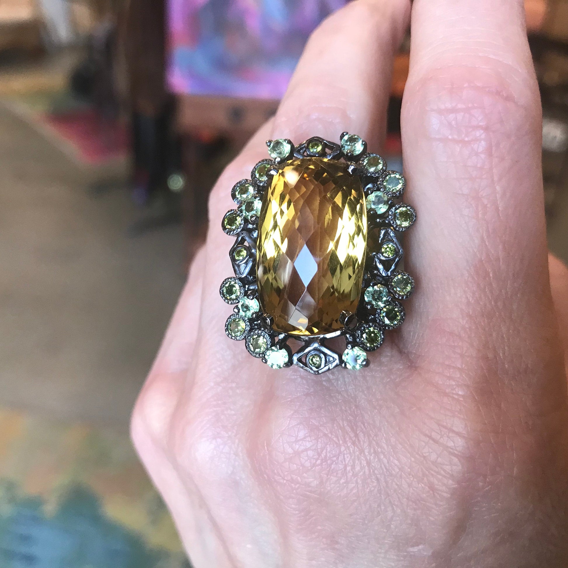 Sterling Silver Natural citrine peridot baguette statement Ring 7 Colors Of Etnika