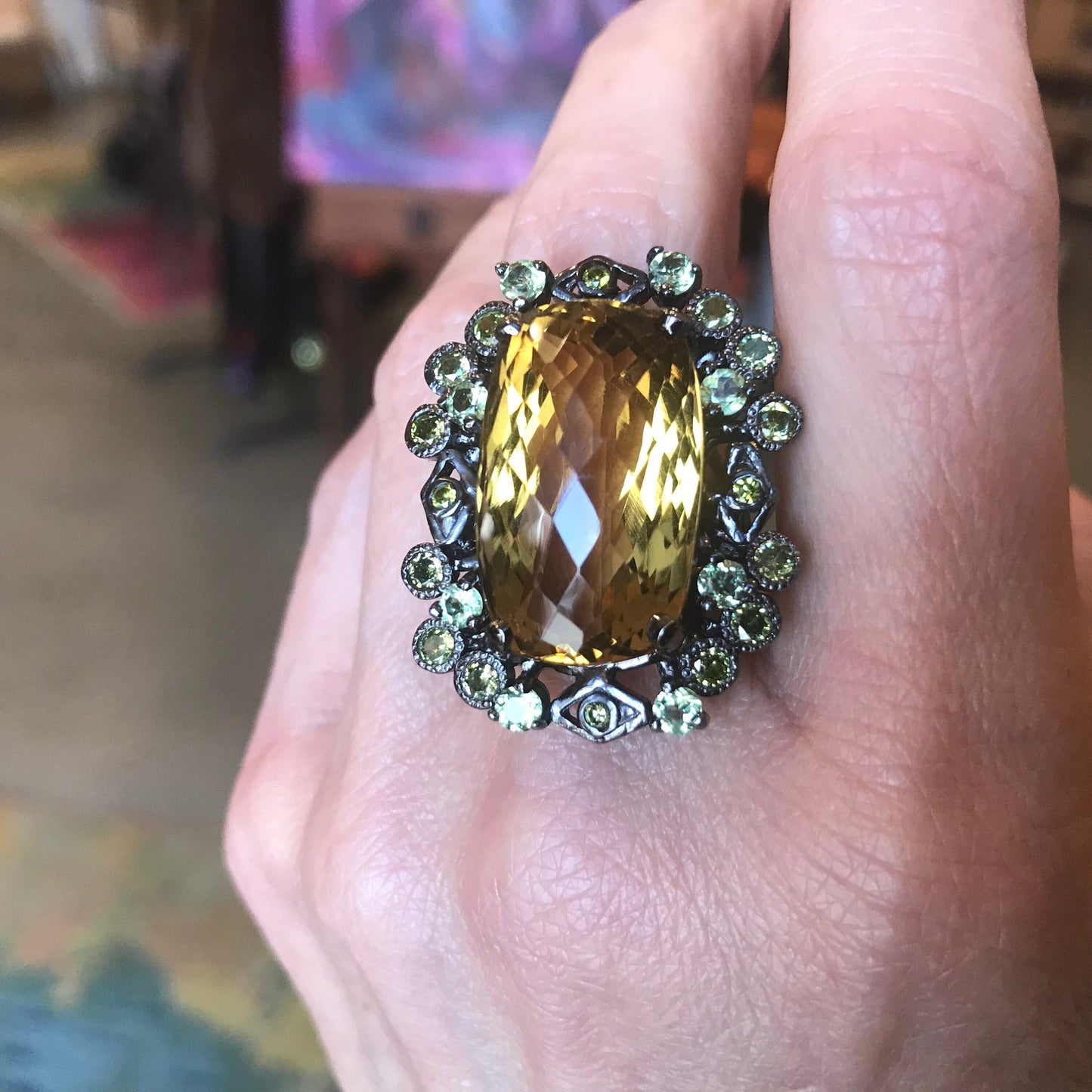 Sterling Silver Natural citrine peridot baguette statement Ring 7 Colors Of Etnika