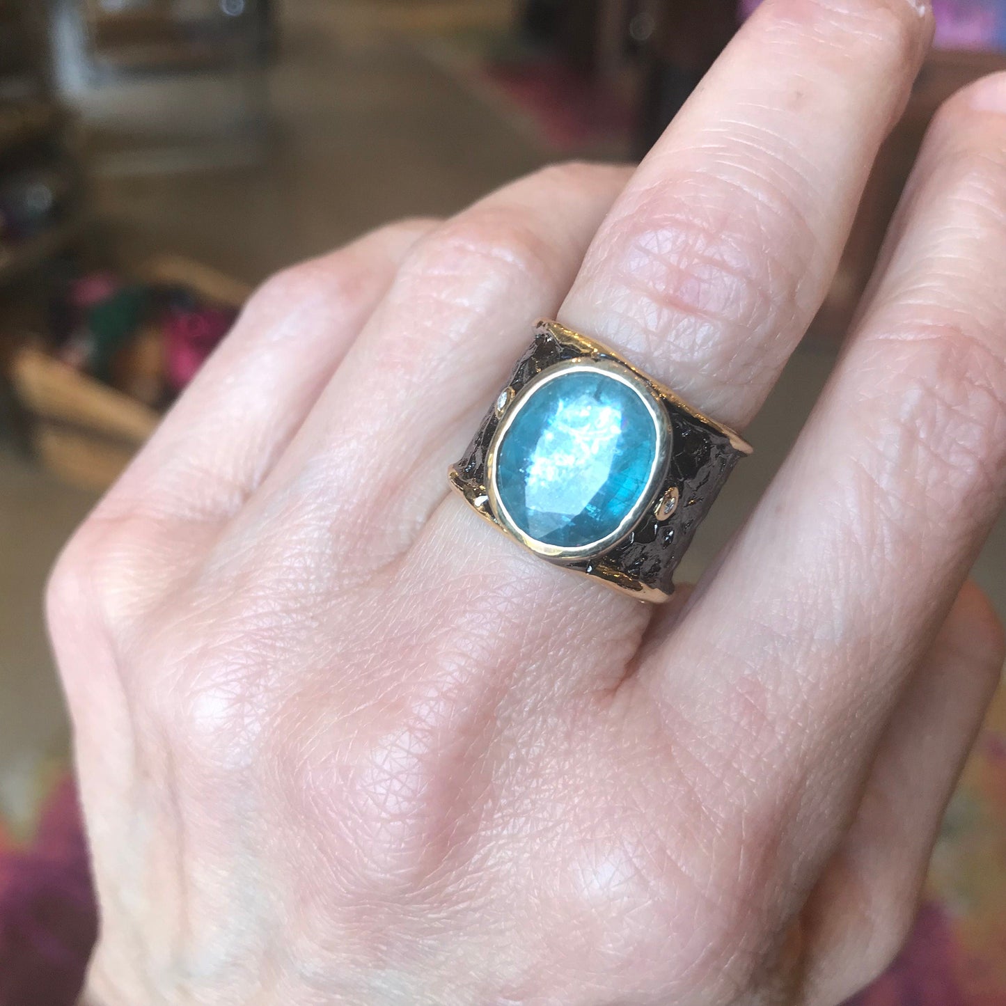Sterling Silver blue kyanite black band ring 6 Colors Of Etnika