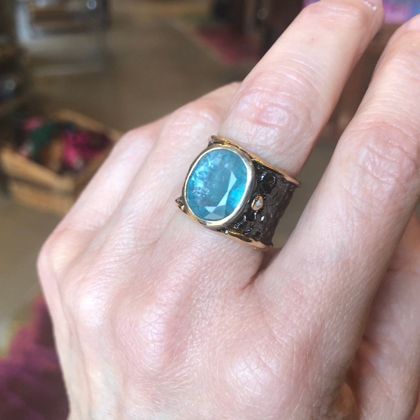 Sterling Silver blue kyanite black band ring 6 Colors Of Etnika