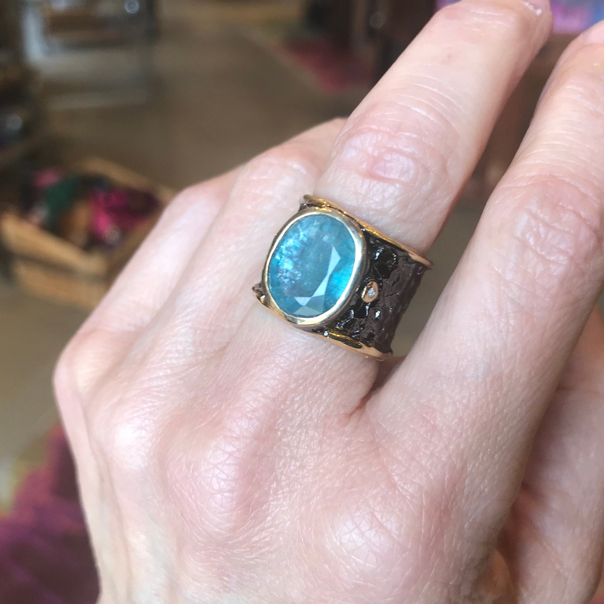 Sterling Silver blue kyanite black band ring 6 Colors Of Etnika