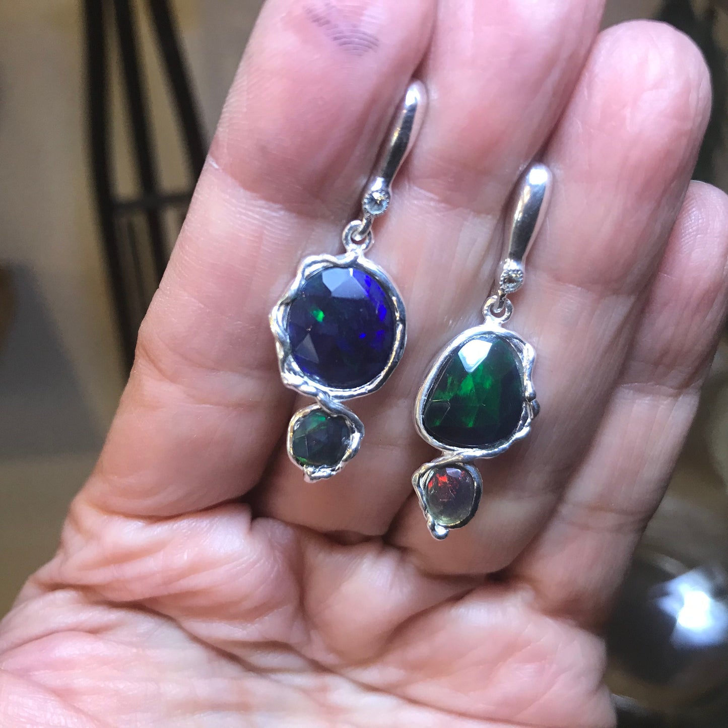 Sterling Silver Natural black fire Opal post dangle Earrings