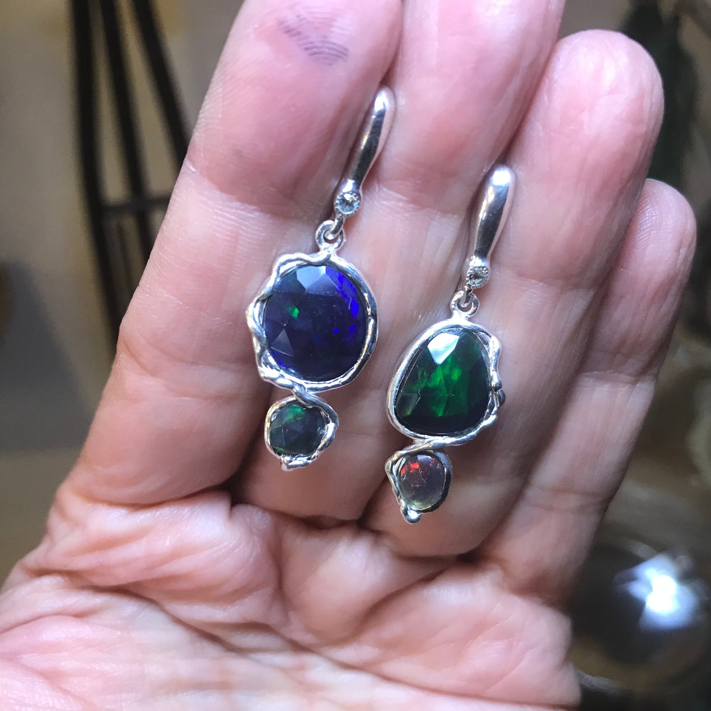 Sterling Silver Natural black fire Opal post dangle Earrings