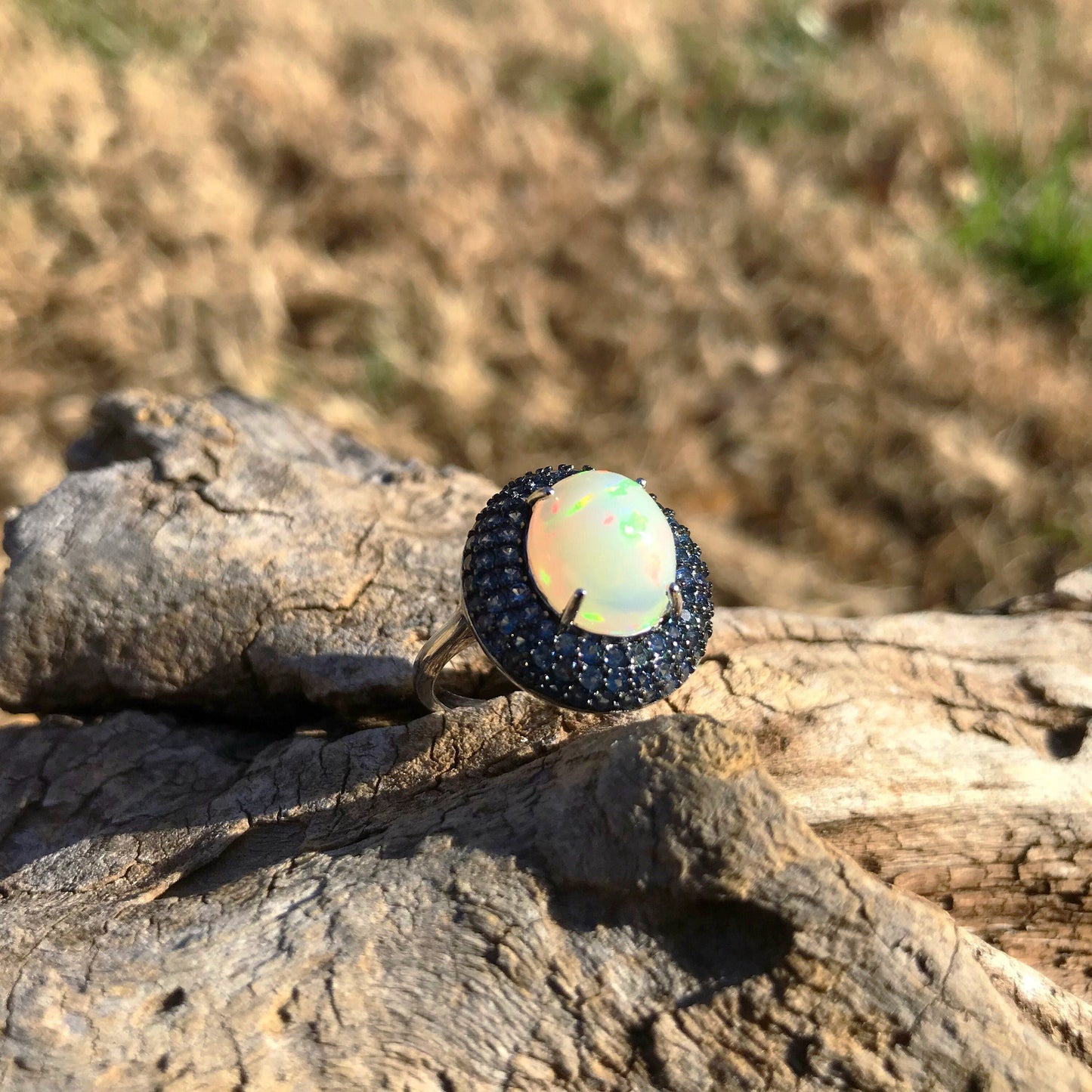 sterling silver Natural Fire Opal blue sapphire statement ring 7 Colors Of Etnika
