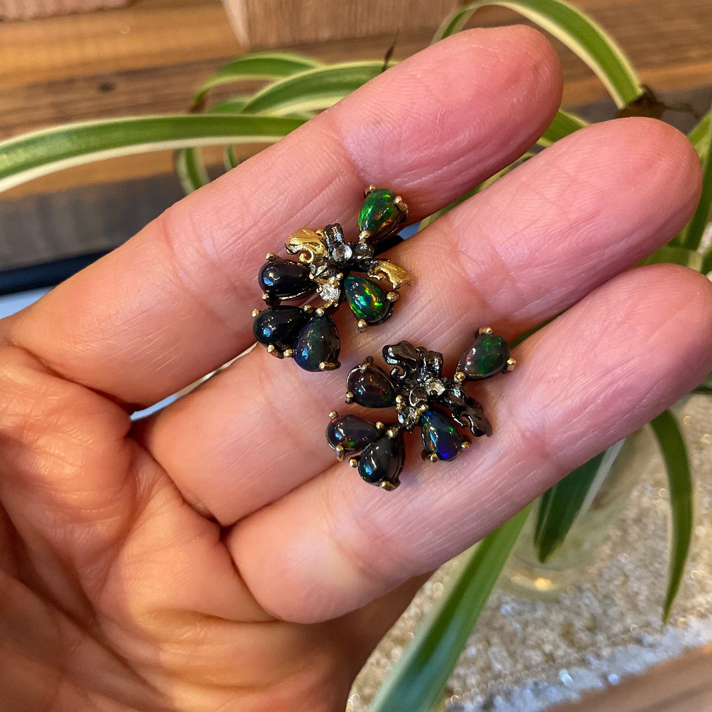 Sterling Silver Natural black fire Opal heirloom post Earrings Colors Of Etnika