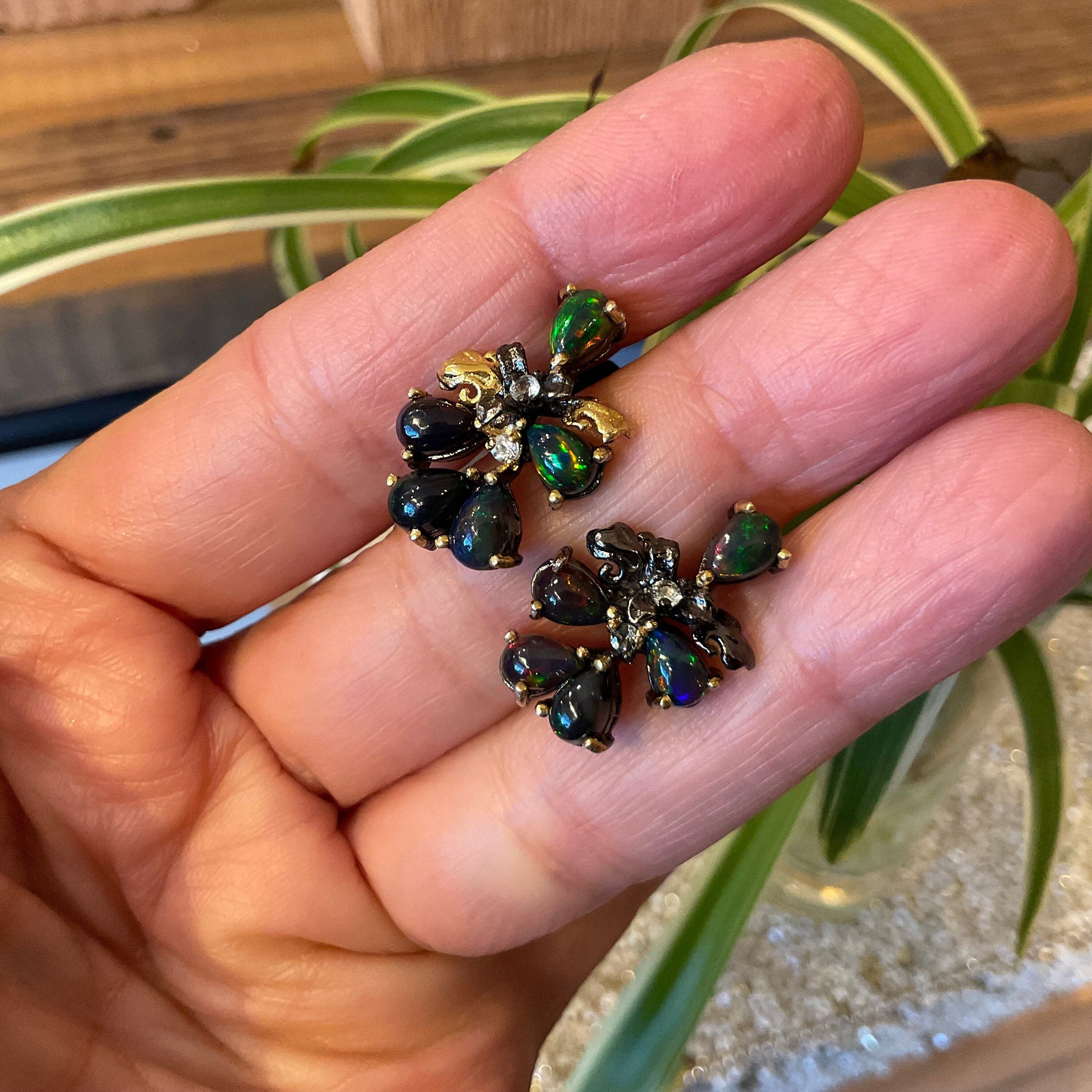 Sterling Silver Natural black fire Opal heirloom post Earrings Colors Of Etnika