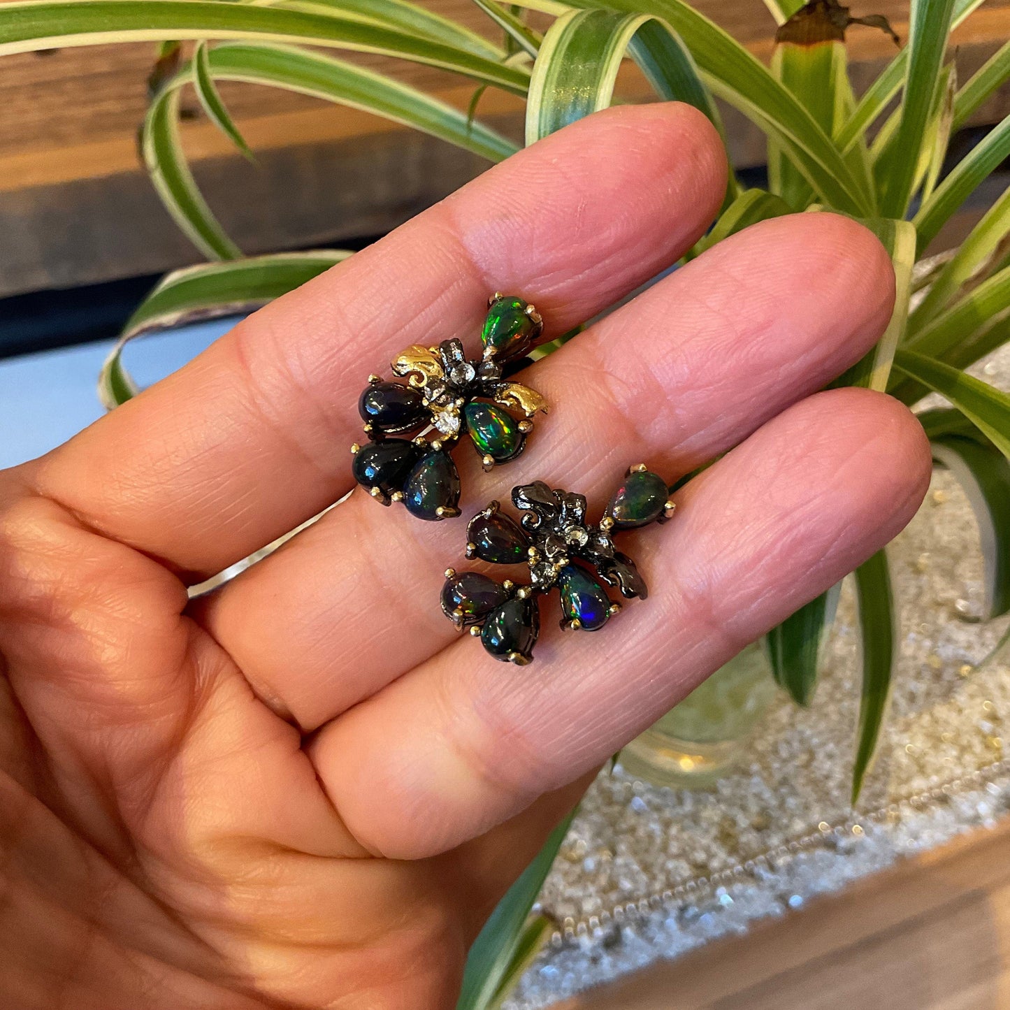 Sterling Silver Natural black fire Opal heirloom post Earrings Colors Of Etnika