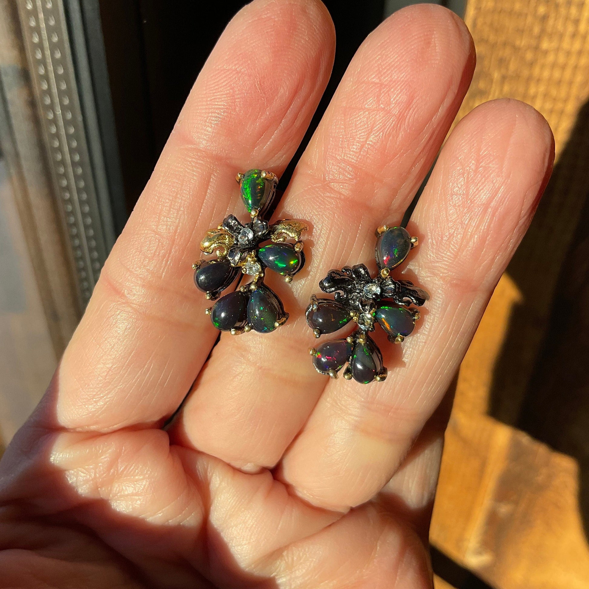 Sterling Silver Natural black fire Opal heirloom post Earrings Colors Of Etnika